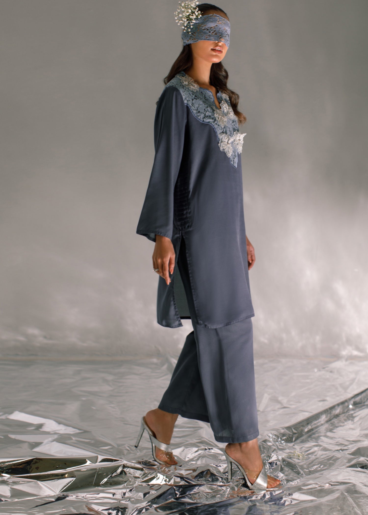 crepe georgette Kurta Set in Steal grey