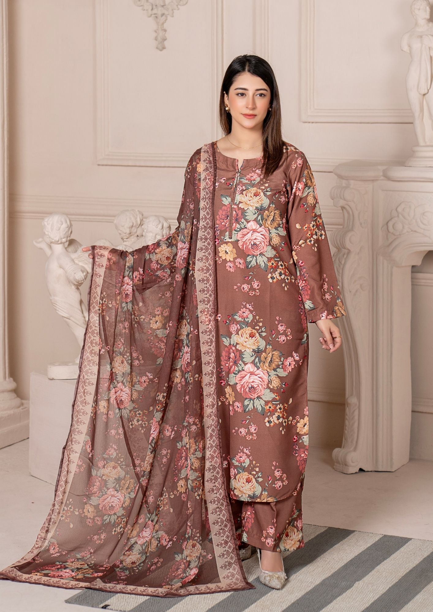 arabic lawn Kurta Set in Brown