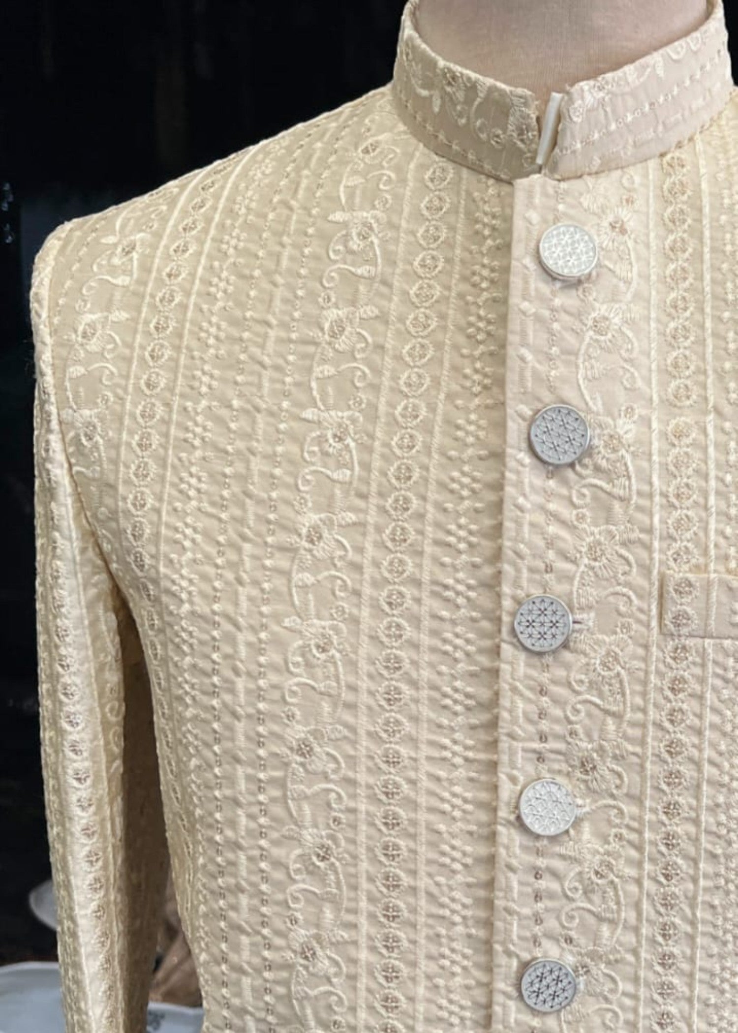 silk Sherwani in White, gold, ivory by Dulha Fashion House