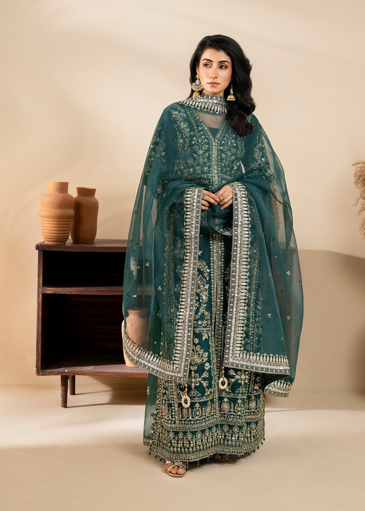 net Kurta Set in Pine green