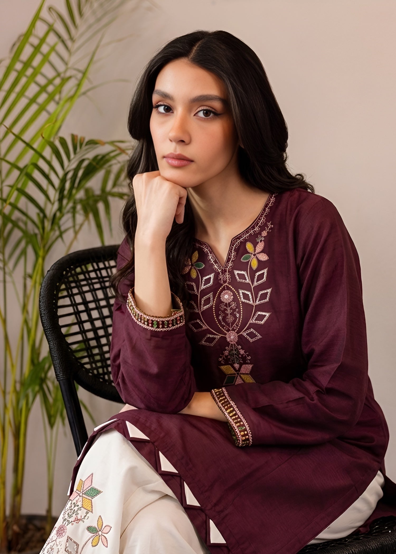 cambric Kurta Set in Plum