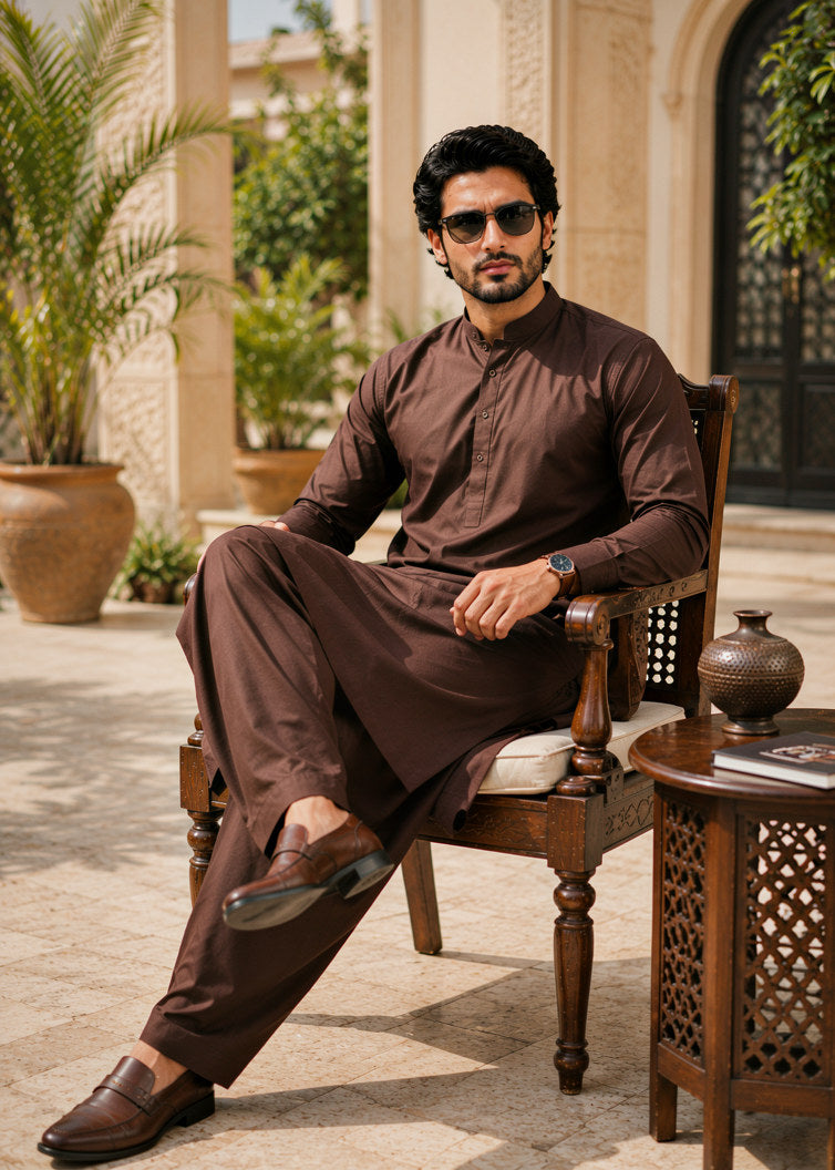 wash & wear Shalwar Kameez in Chocolate brown by Waqar Mustafa