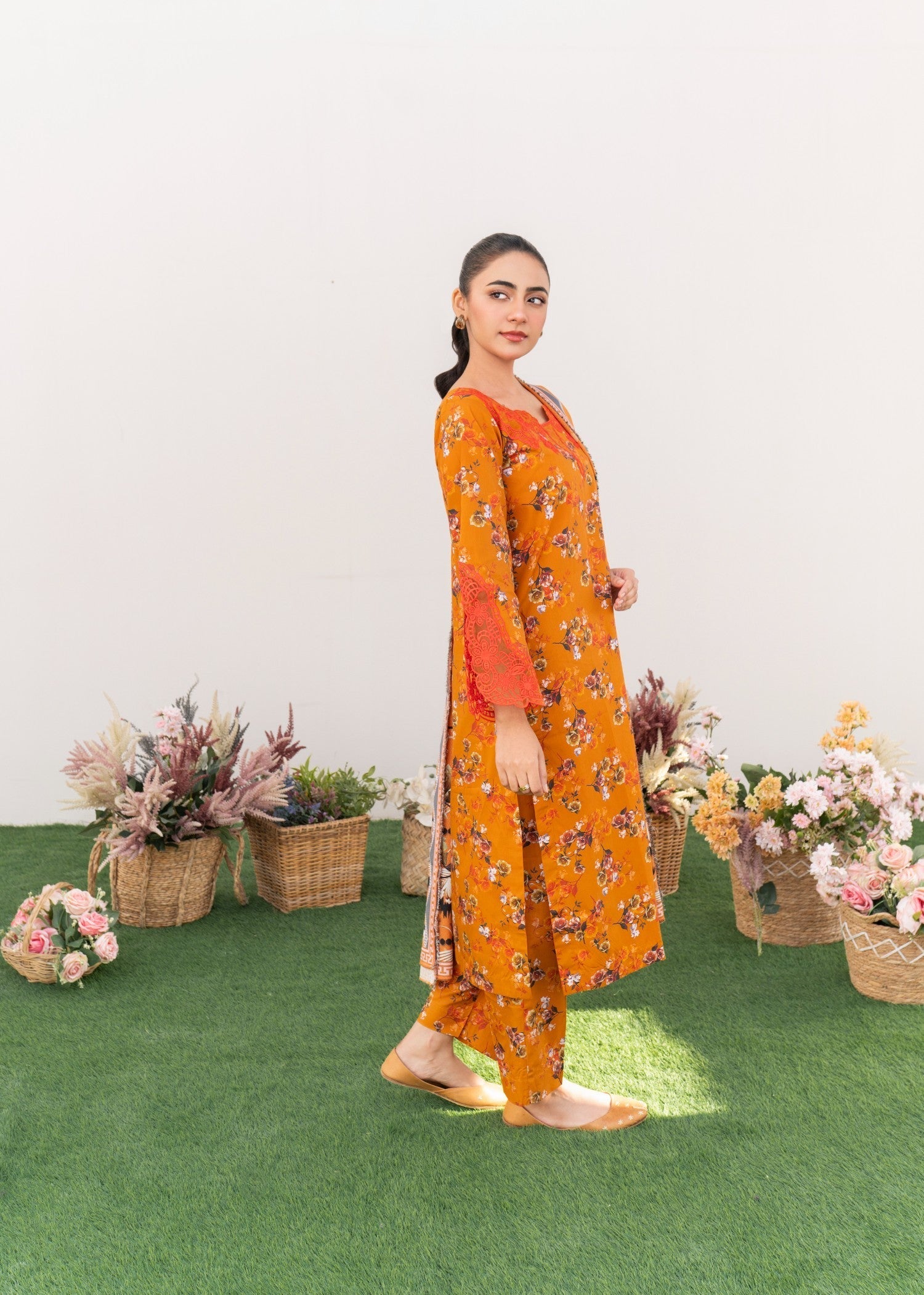 cambric Kurta Set in Orange