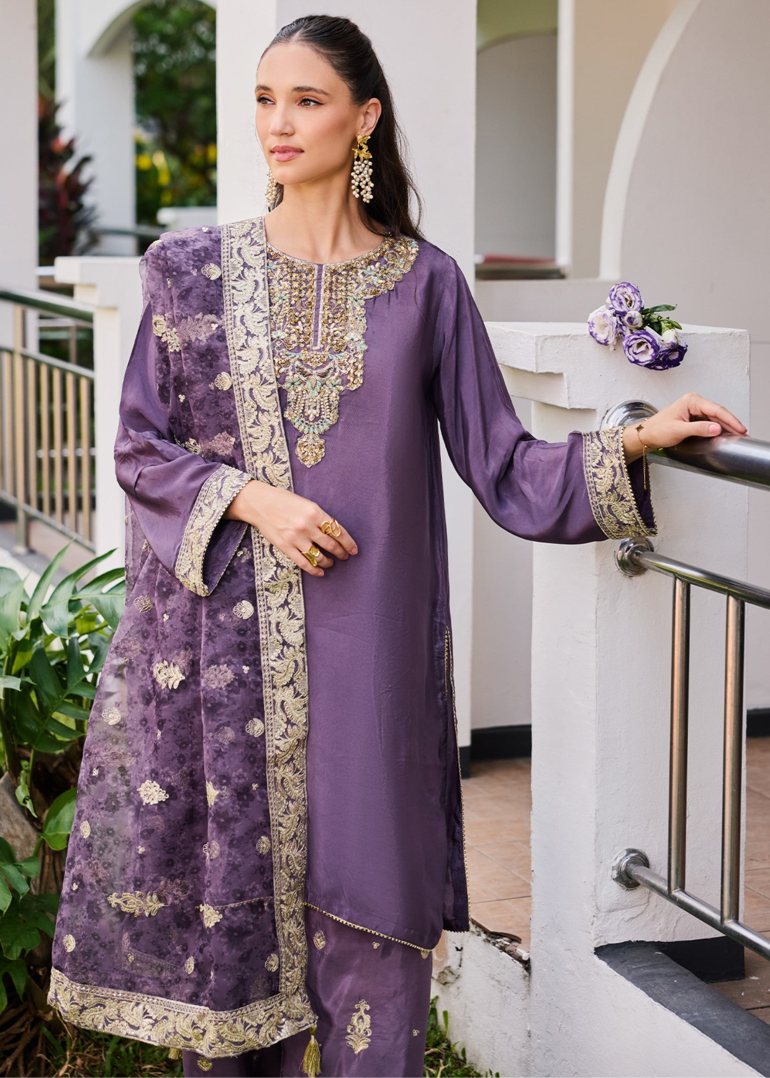 pure silk chiffon Kurta Set in Purple heart