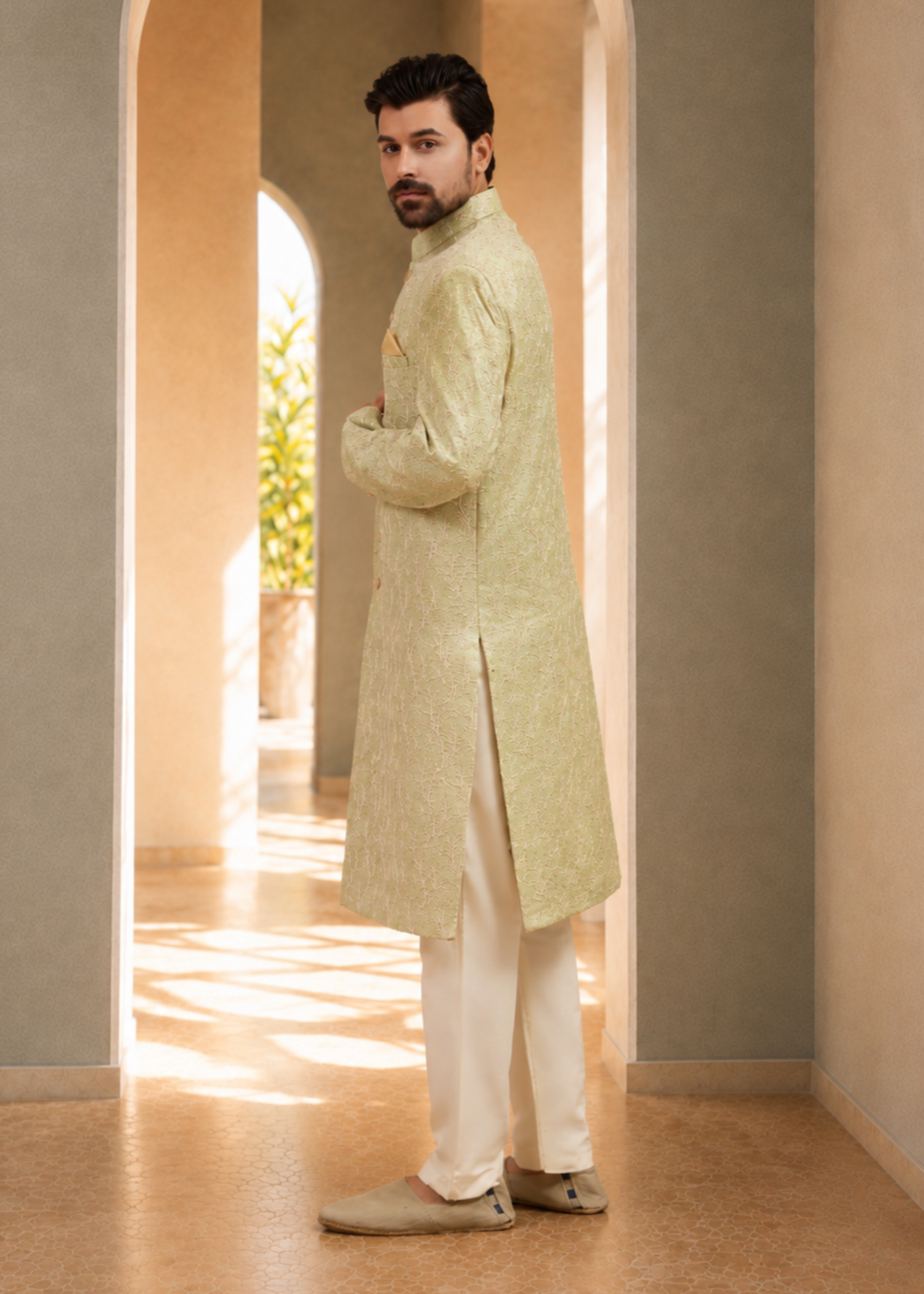 jamawar Sherwani in Tea green, autumn gold
