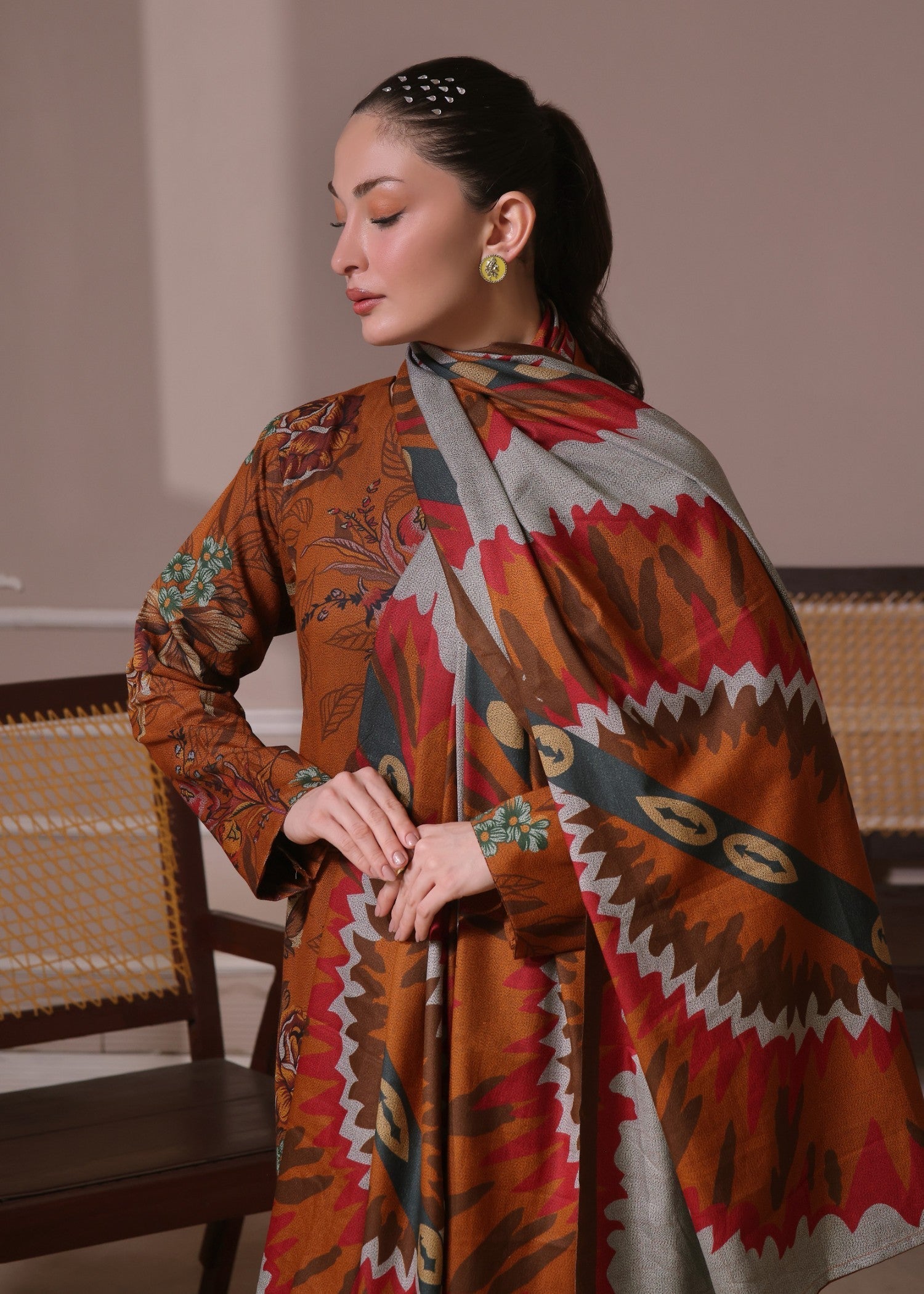 twill khaddar Kurta Set in Dark coral