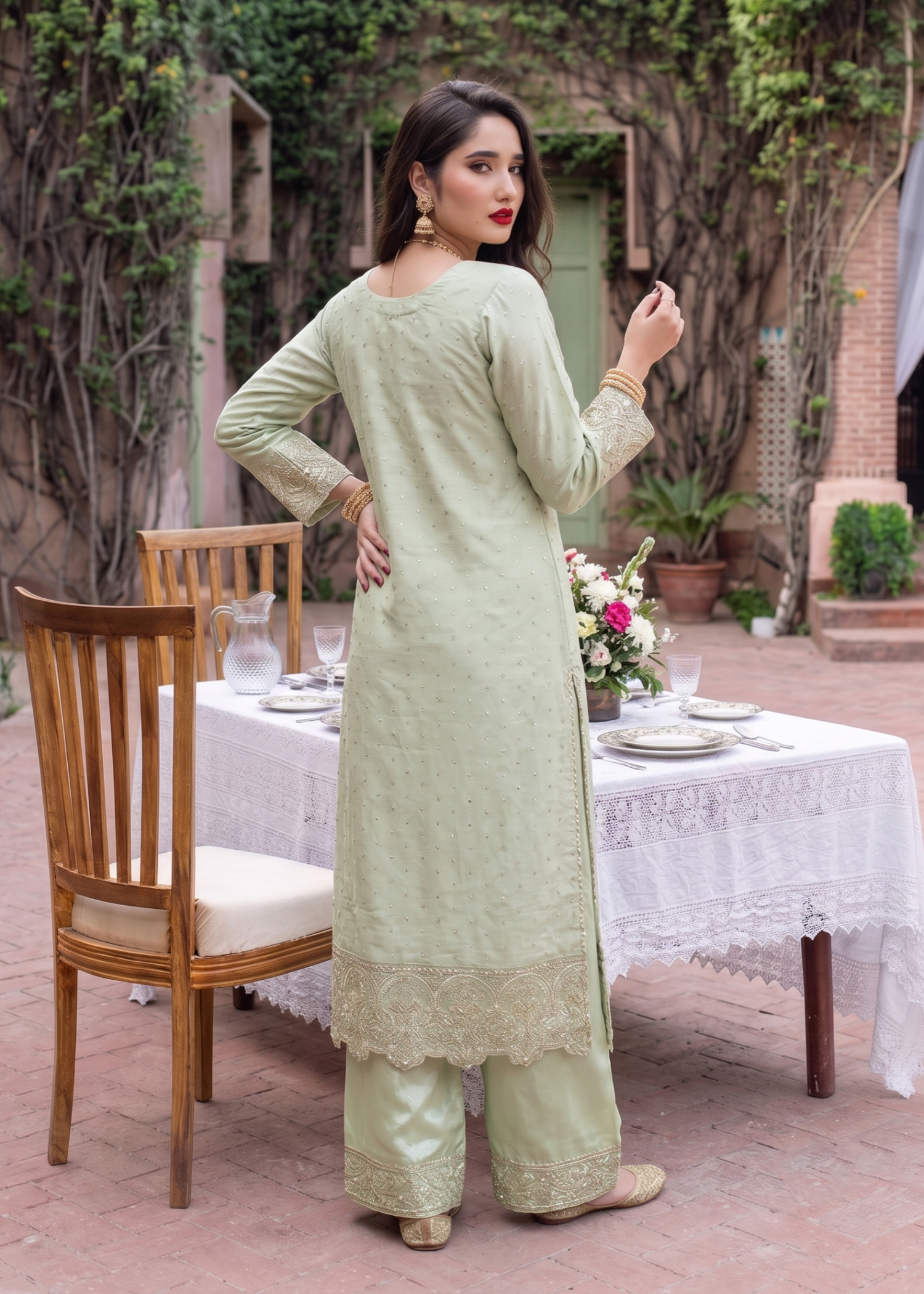 chiffon Kurta Set in Pistachio green