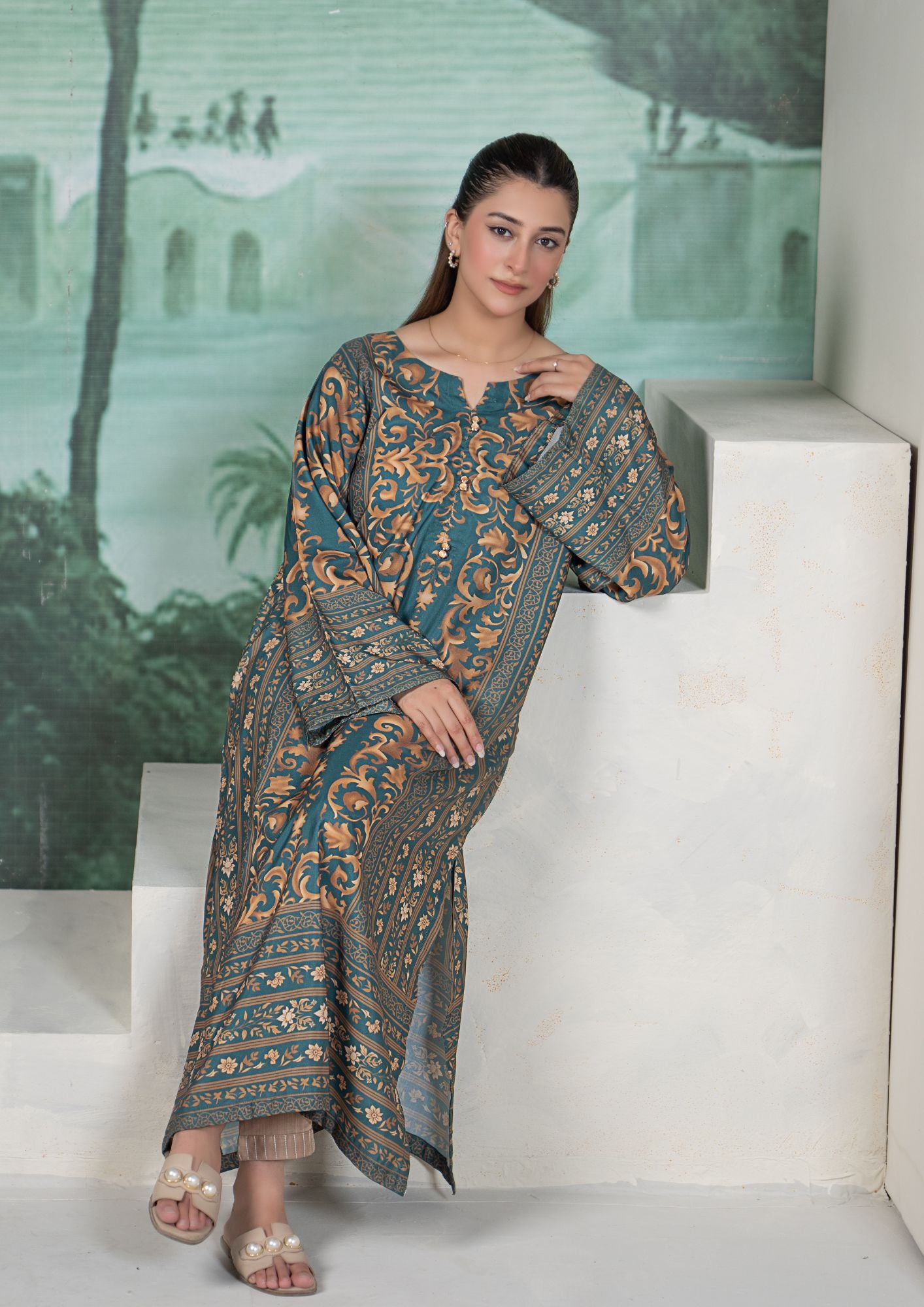 arabic lawn Kaftan in Olive green