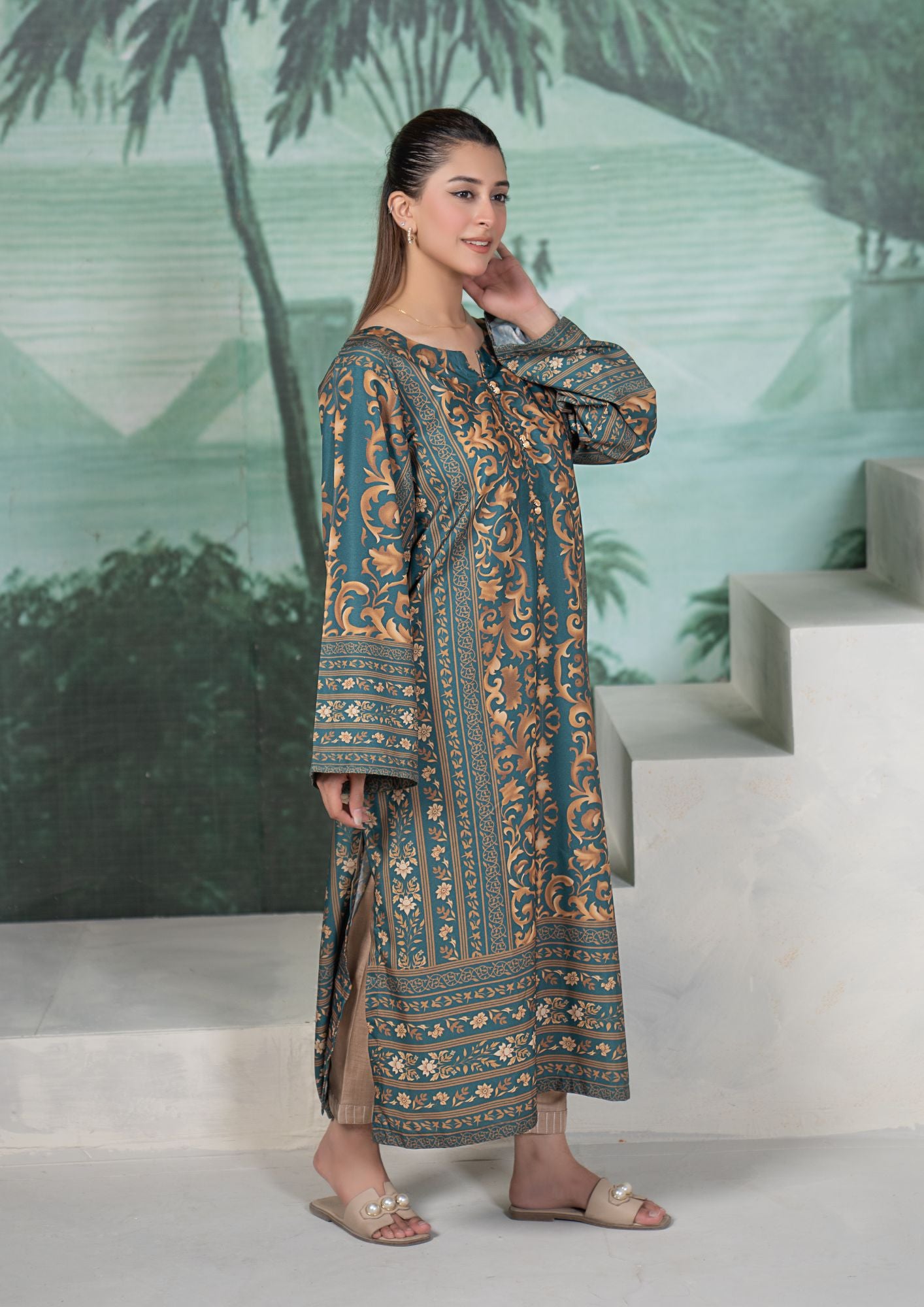 arabic lawn Kaftan in Olive green