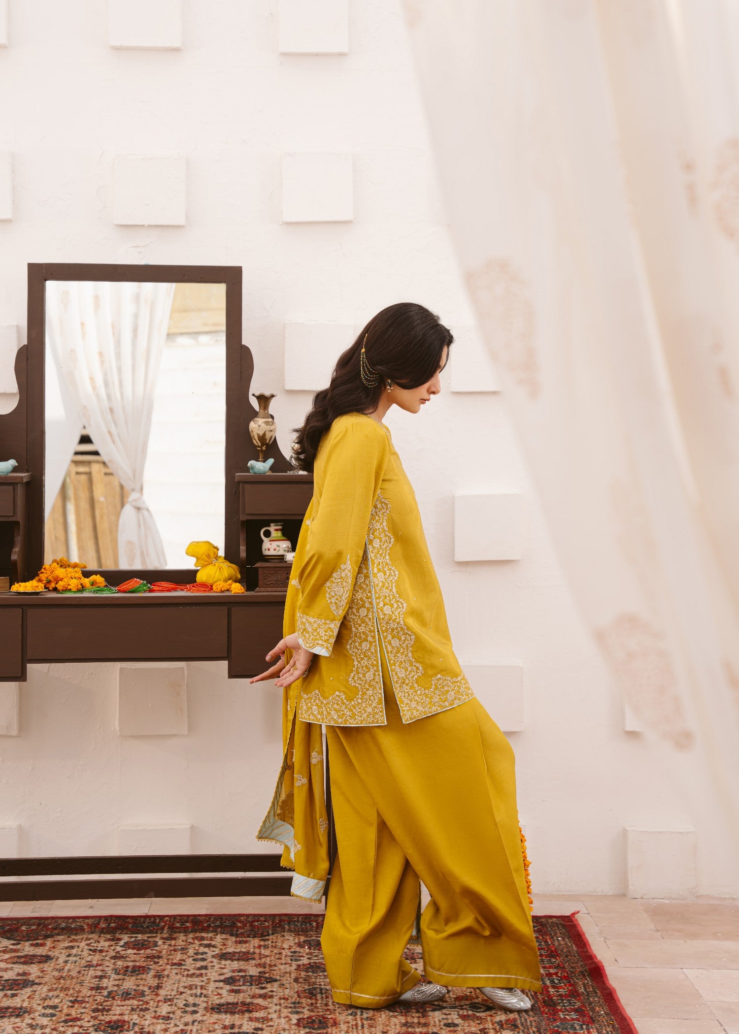 raw silk Kurta Set in Marigold