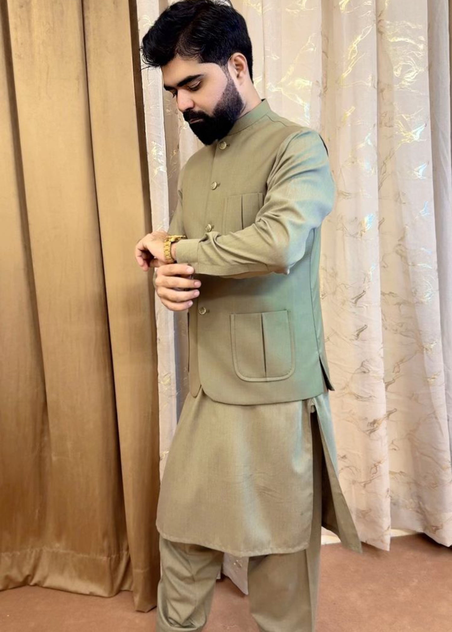 tropical Waistcoat in Sage green by Bin Inam Legacy