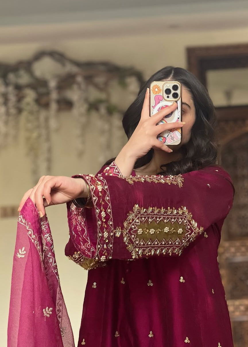 raw silk Pishwas in Plum purple