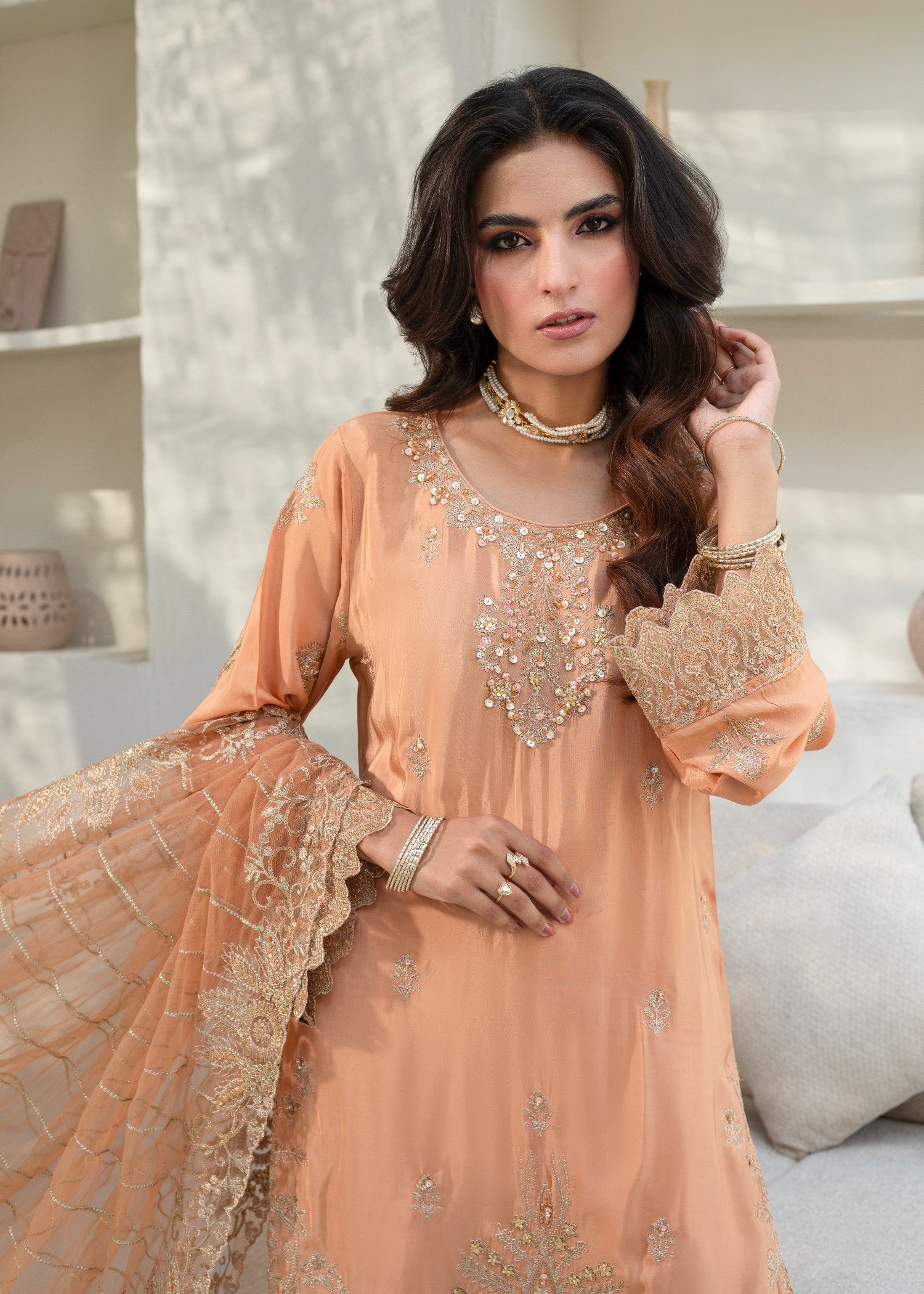 pure silk Kurta Set in Peach pink