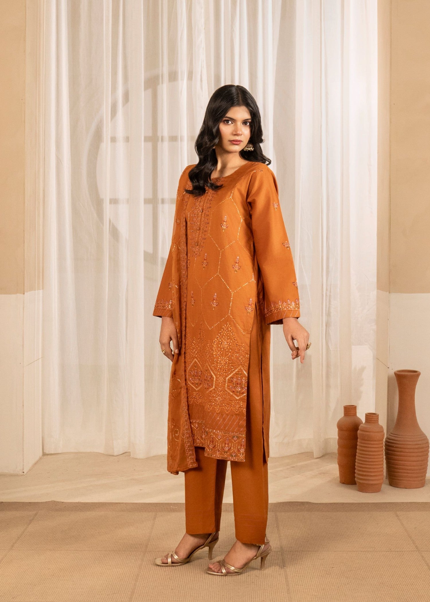 cotton Kurta Set in Bronze orange