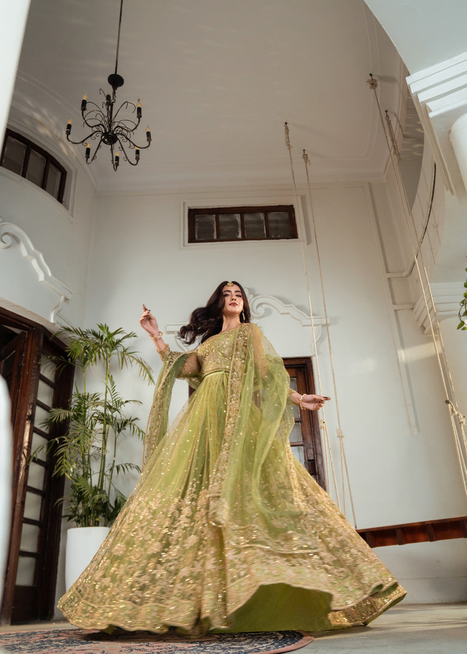 net Lehenga in Olive green