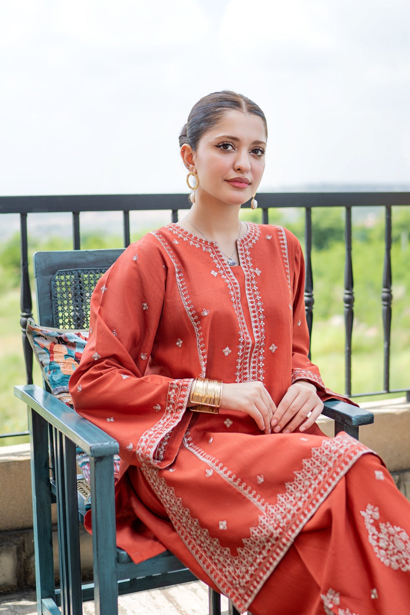 slub khaddar Kurta Set in Rust orange