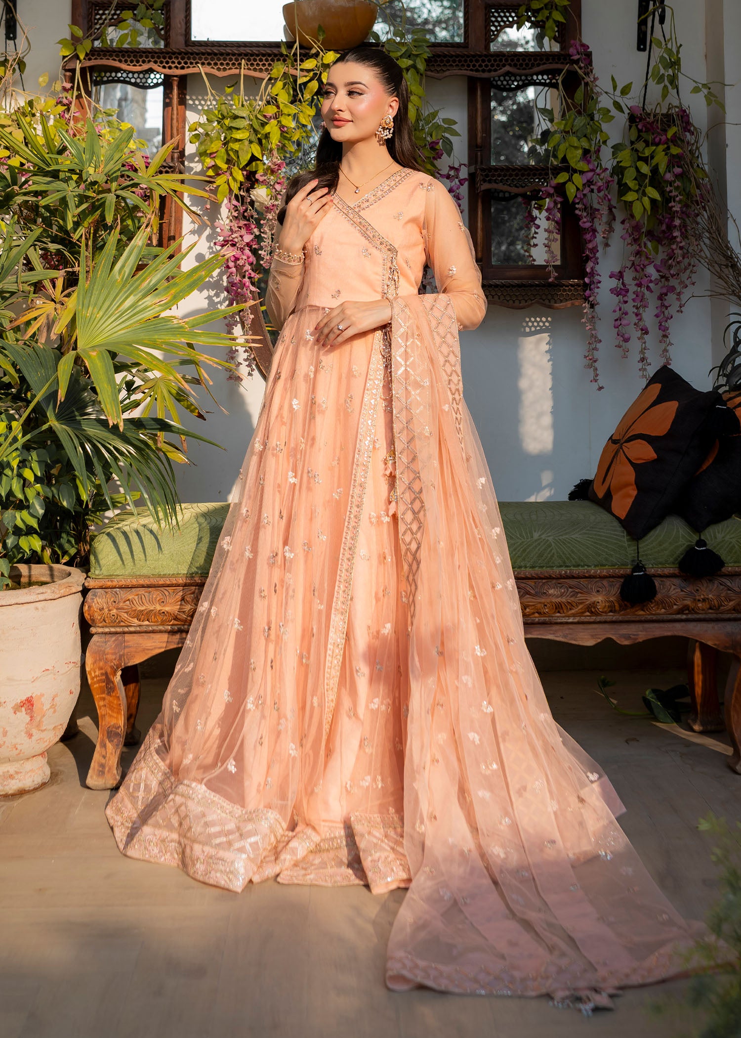 net Lehenga in Peach pink