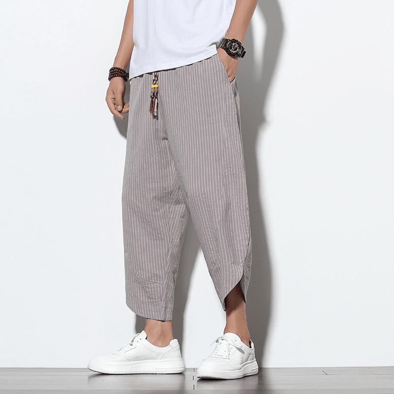 Chinese Style Cotton and Linen Pants Striped plus Size Loose Harem Bloomers Men