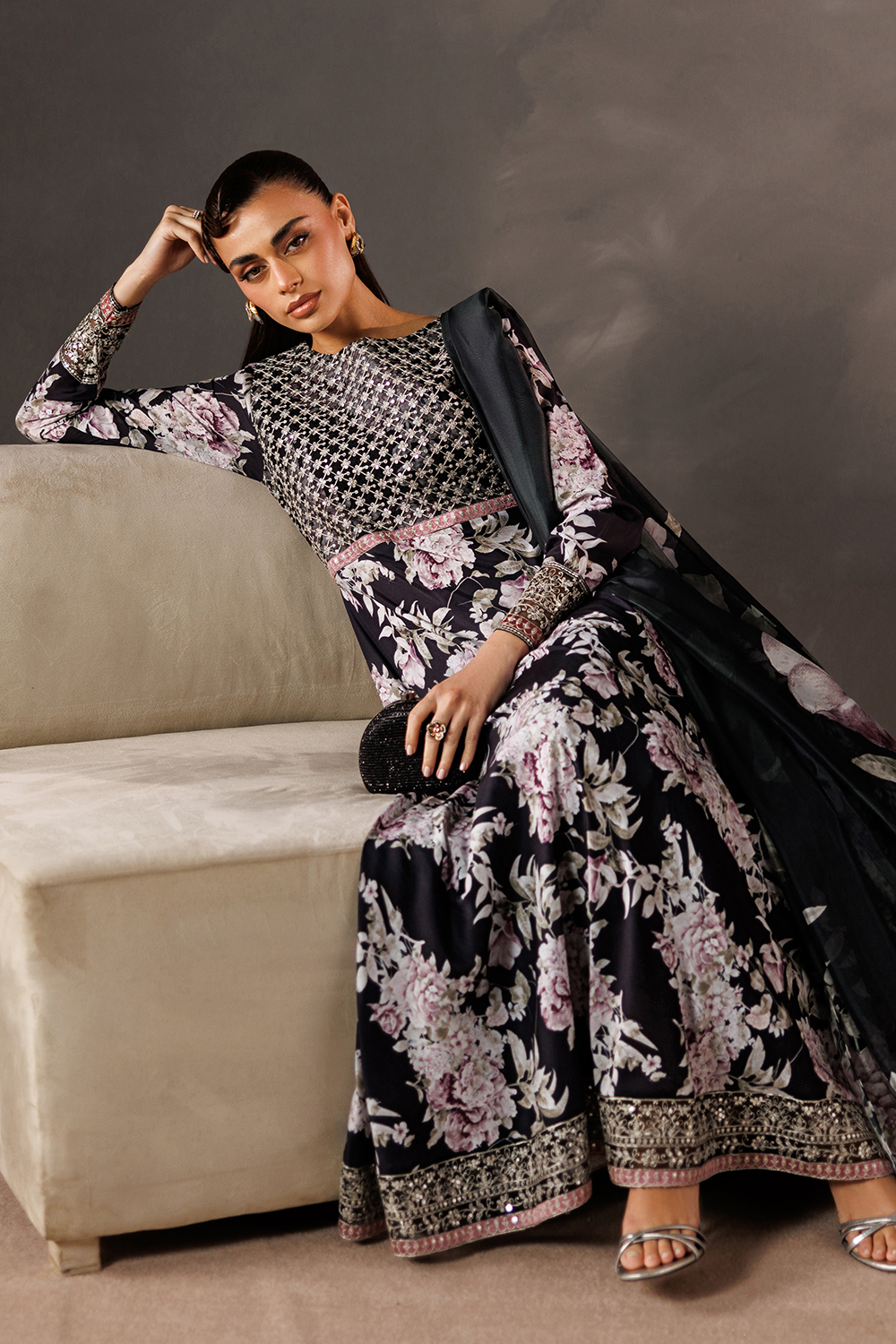thai silk Maxi in Charcoal black