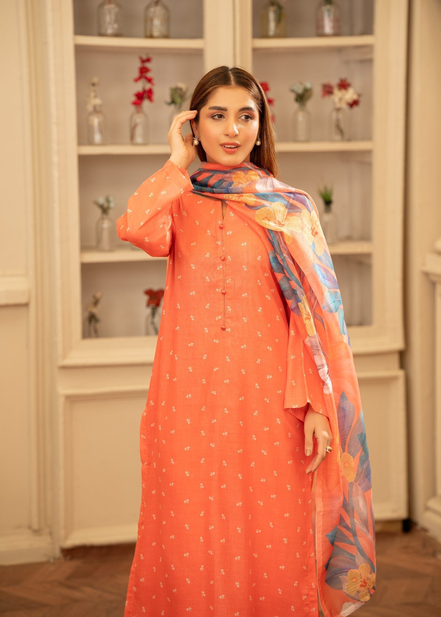 poly lawn Kurta Set in Coral pink