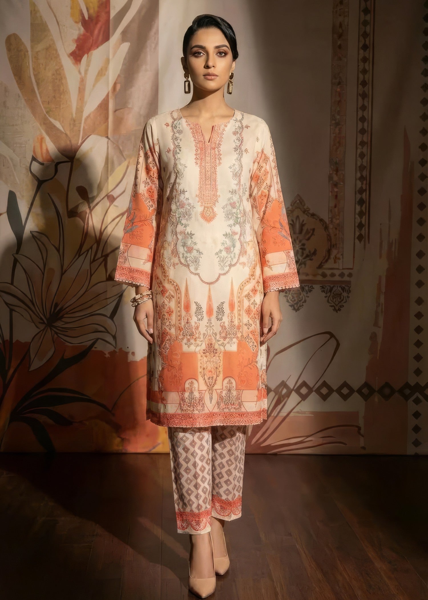 poly lawn Kurta Set in Apricot orange, ivory