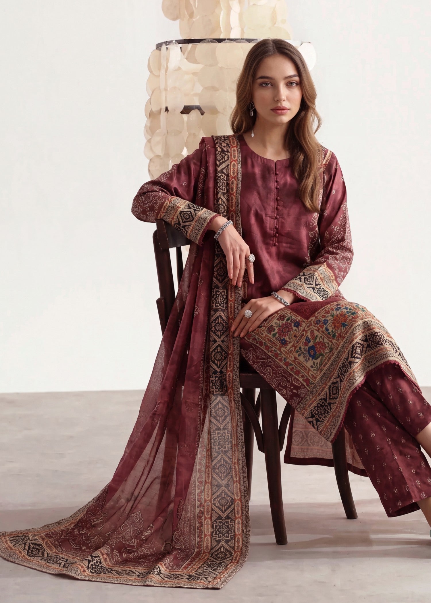 poly lawn Kurta Set in Dark raspberry
