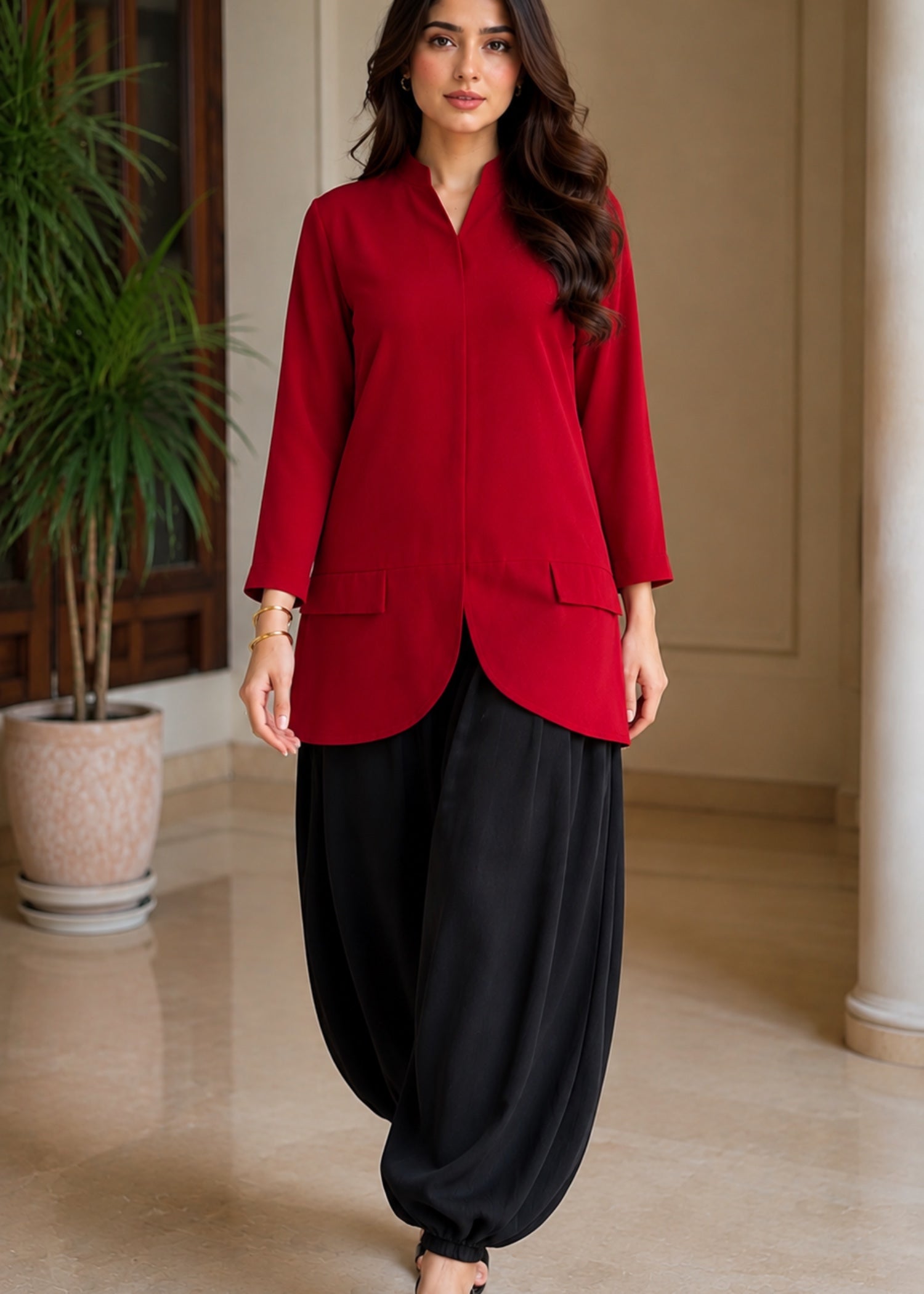 chiffon Kurta Set in Black, red