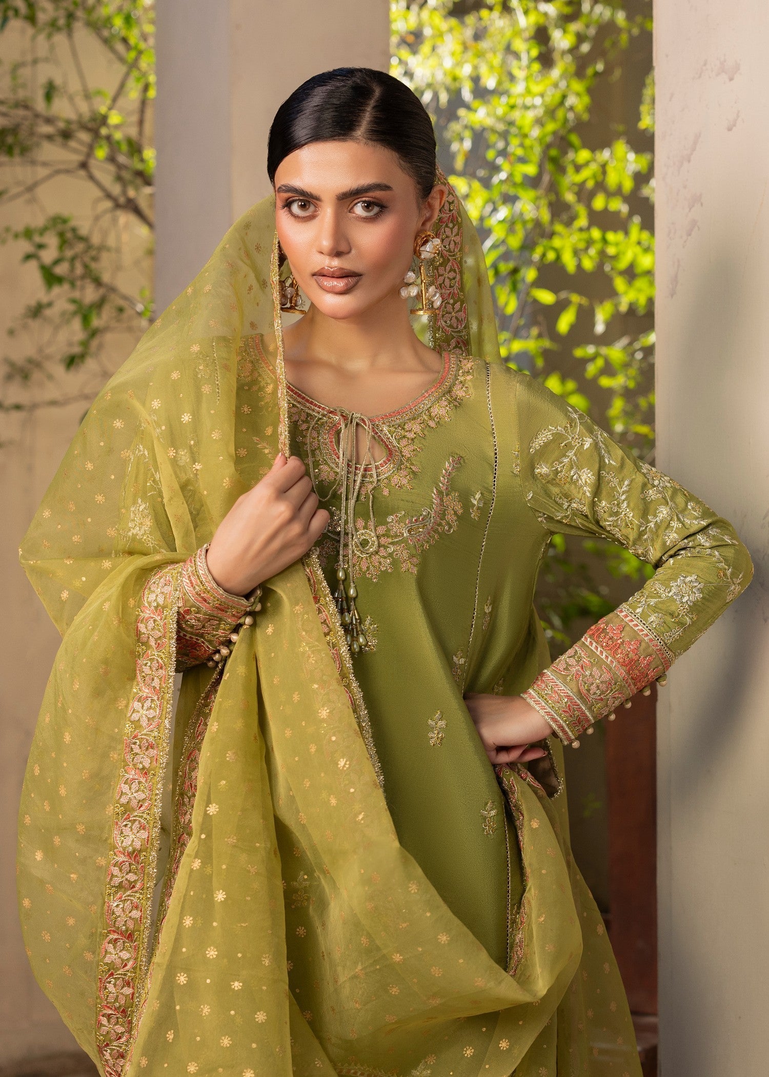 raw silk Kurta Set in Olive green