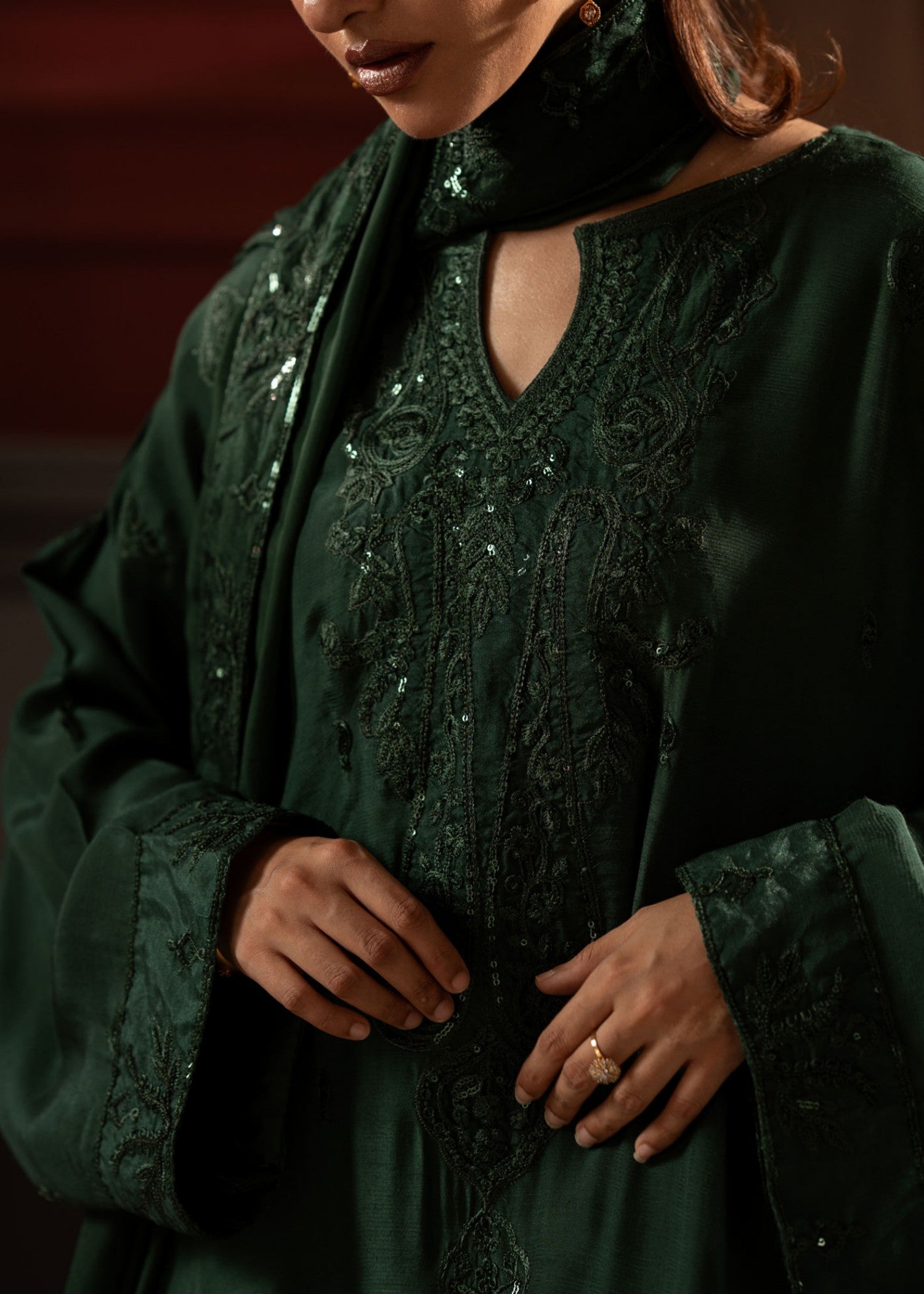 raw silk Kaftan in Bottle green