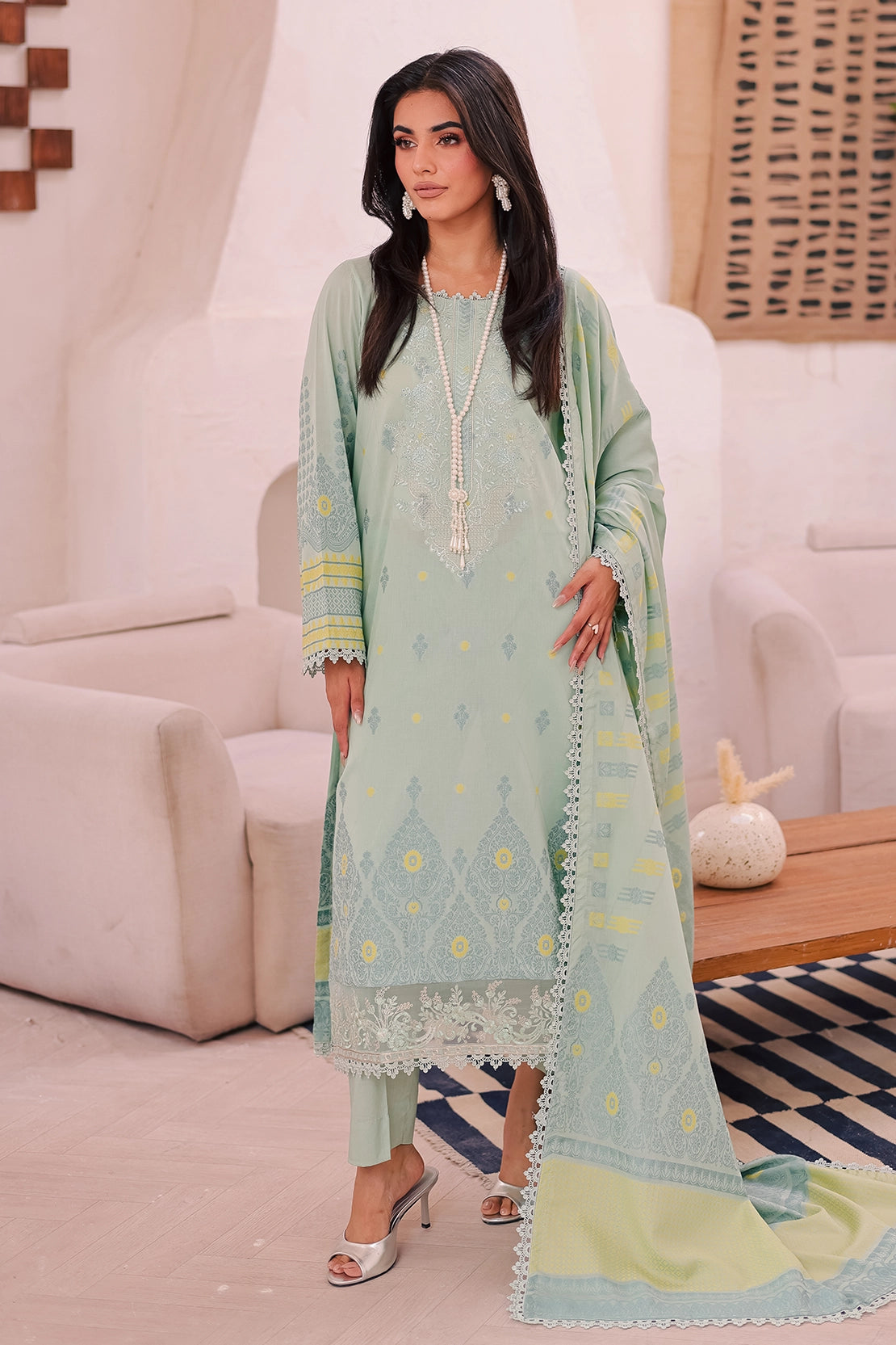zari cotton Unstitched in Pastel green