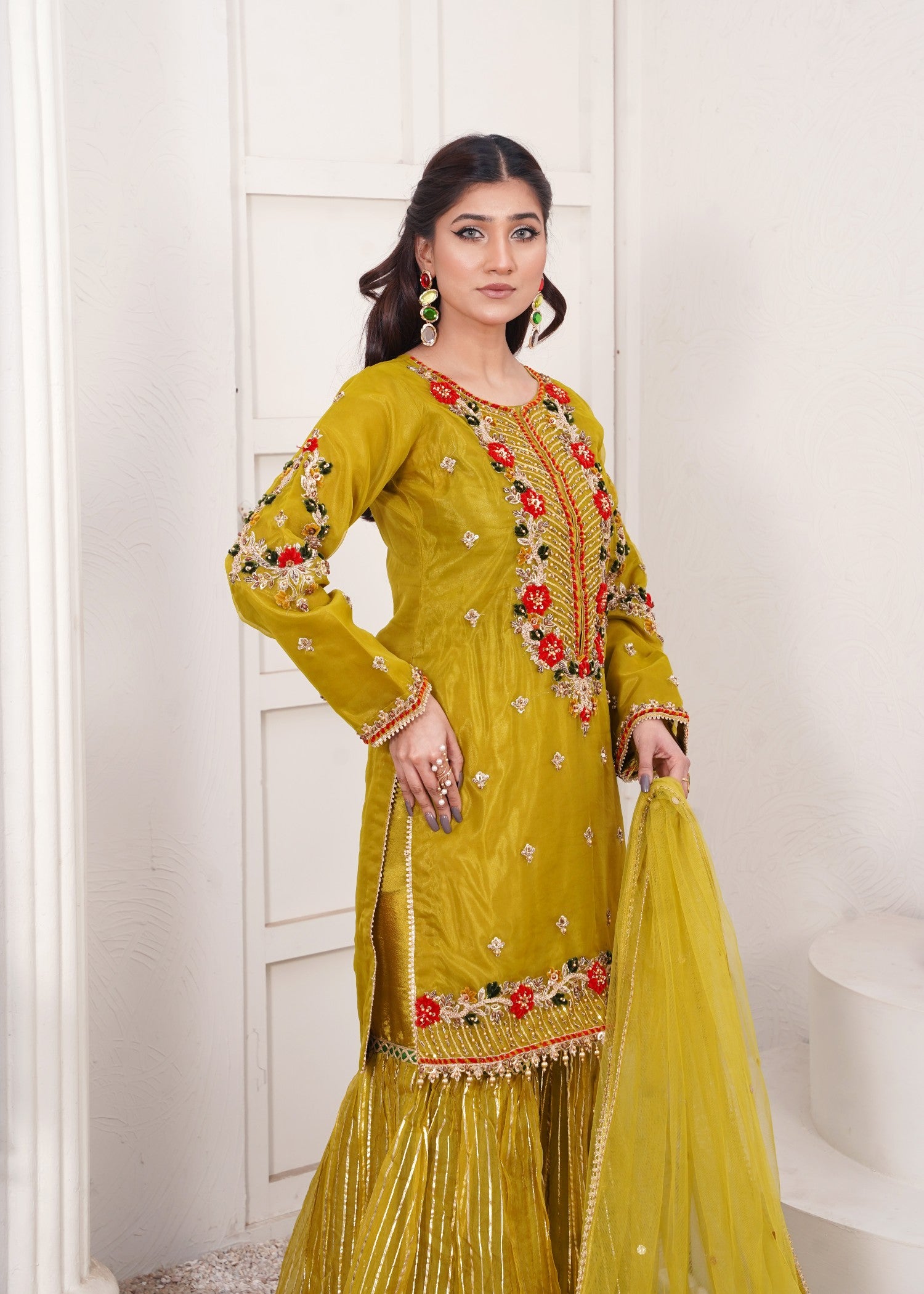 organza Gharara in Olive green