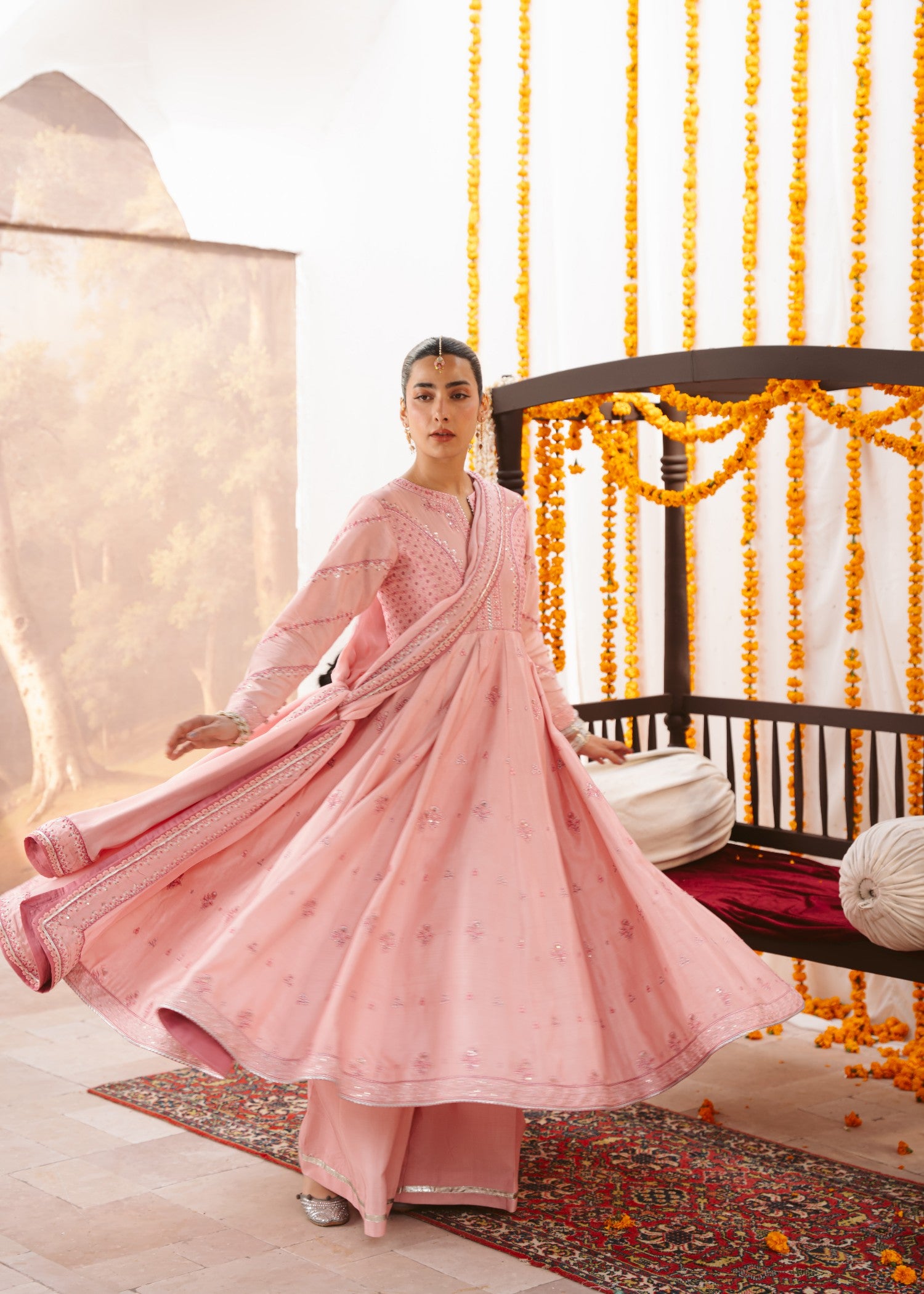 raw silk Pishwas in Pastel pink