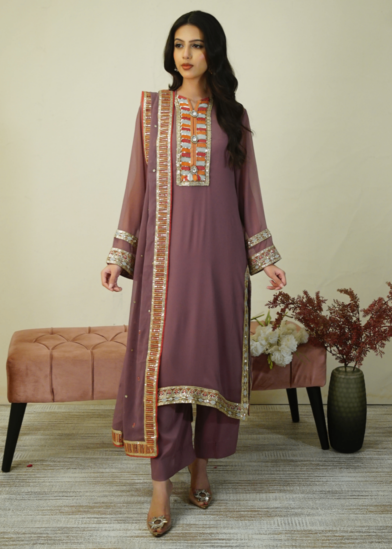 grip Kurta Set in Mauve pink