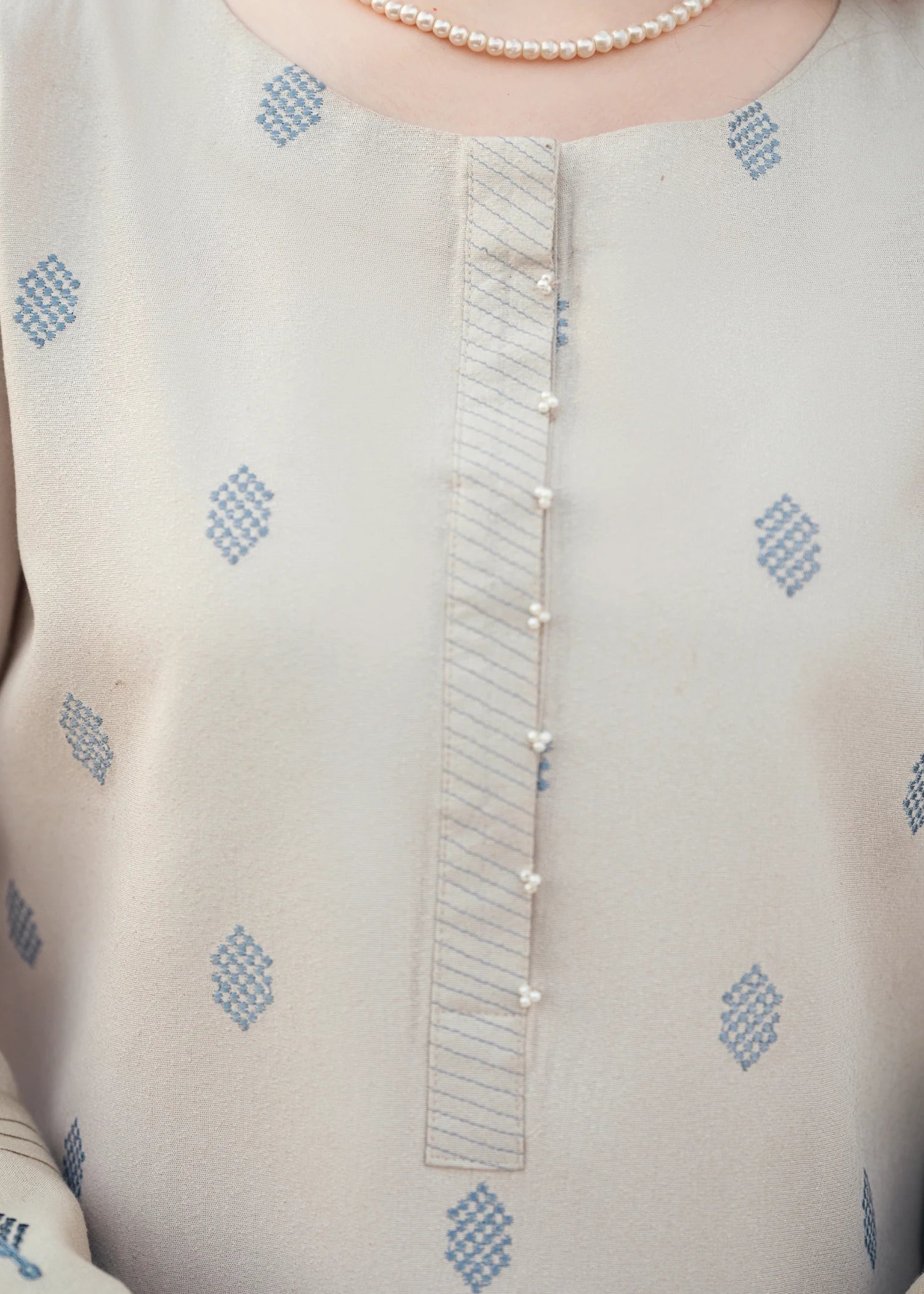 karandi Kurta Set in Ivory, prussian blue
