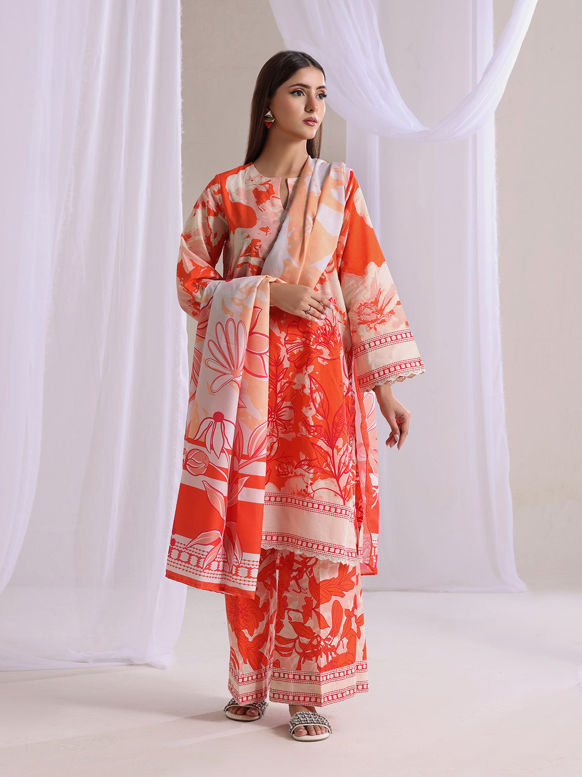 zari lawn Unstitched in Coral orange