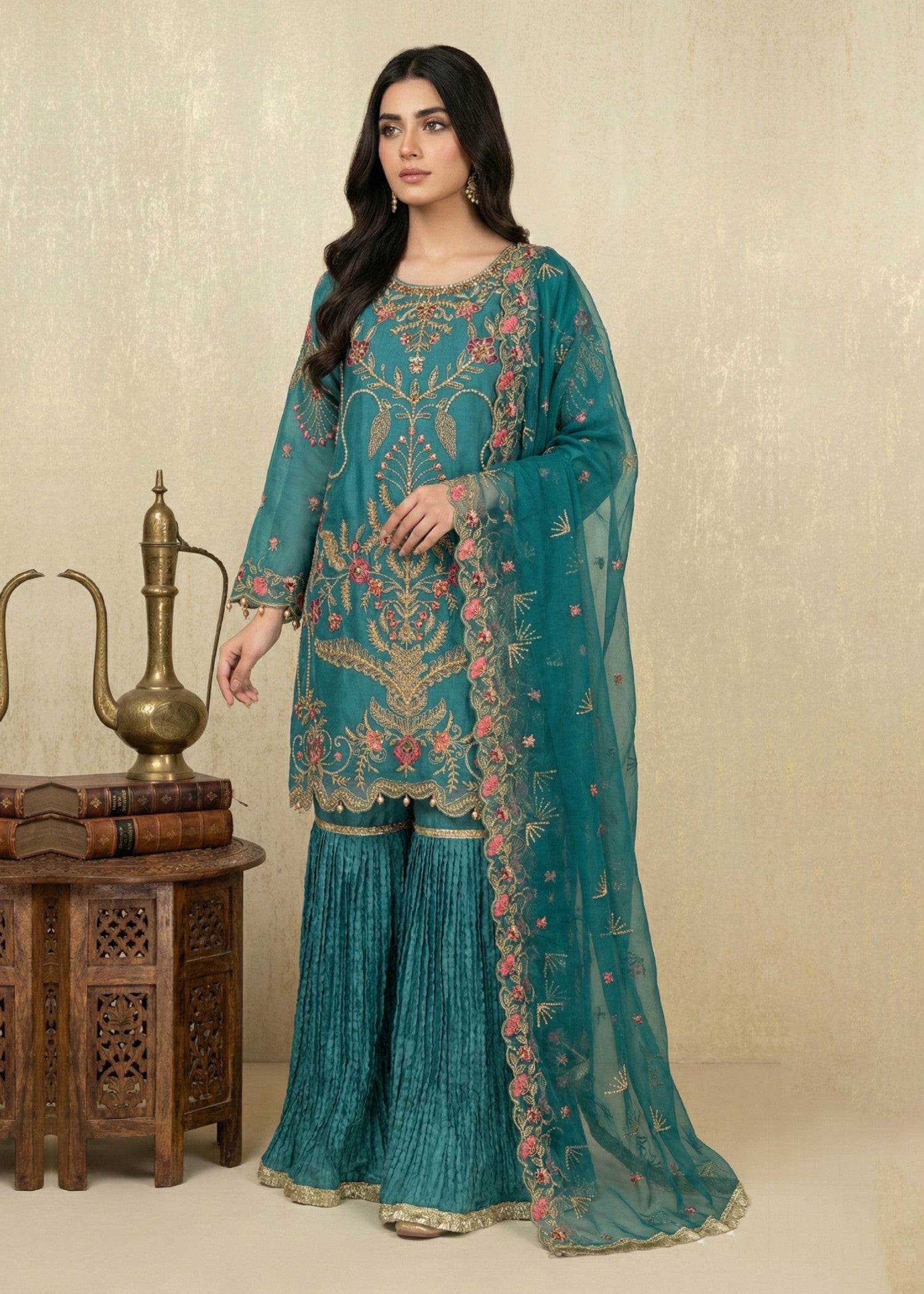 organza Gharara in Sea green