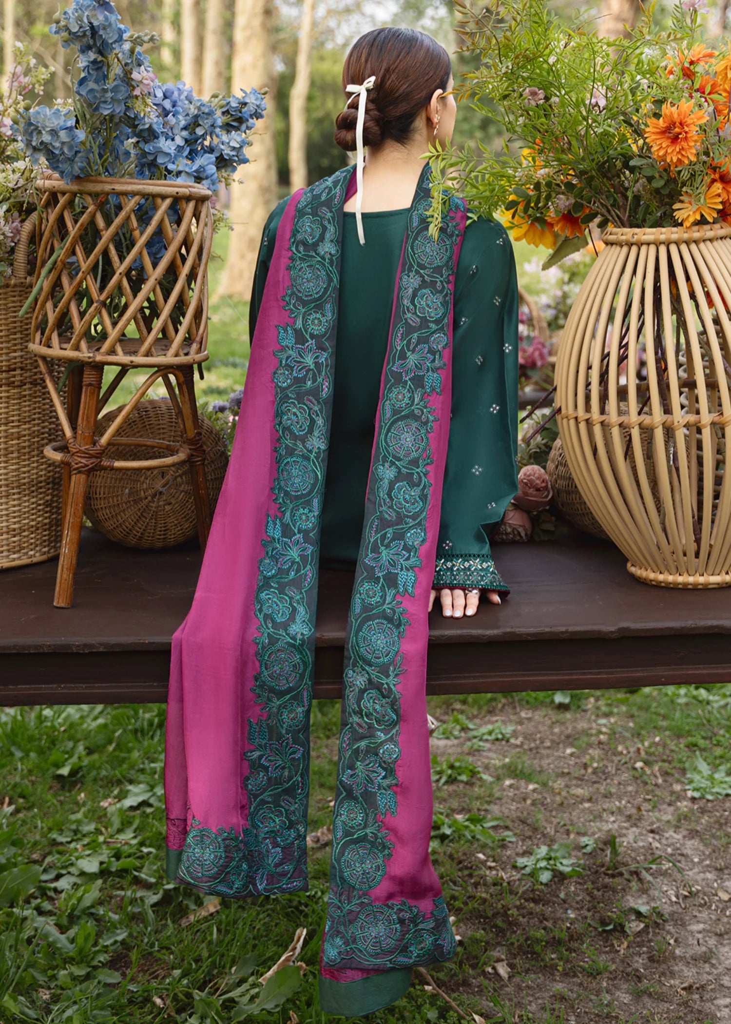 cambric Kurta Set in Forest green