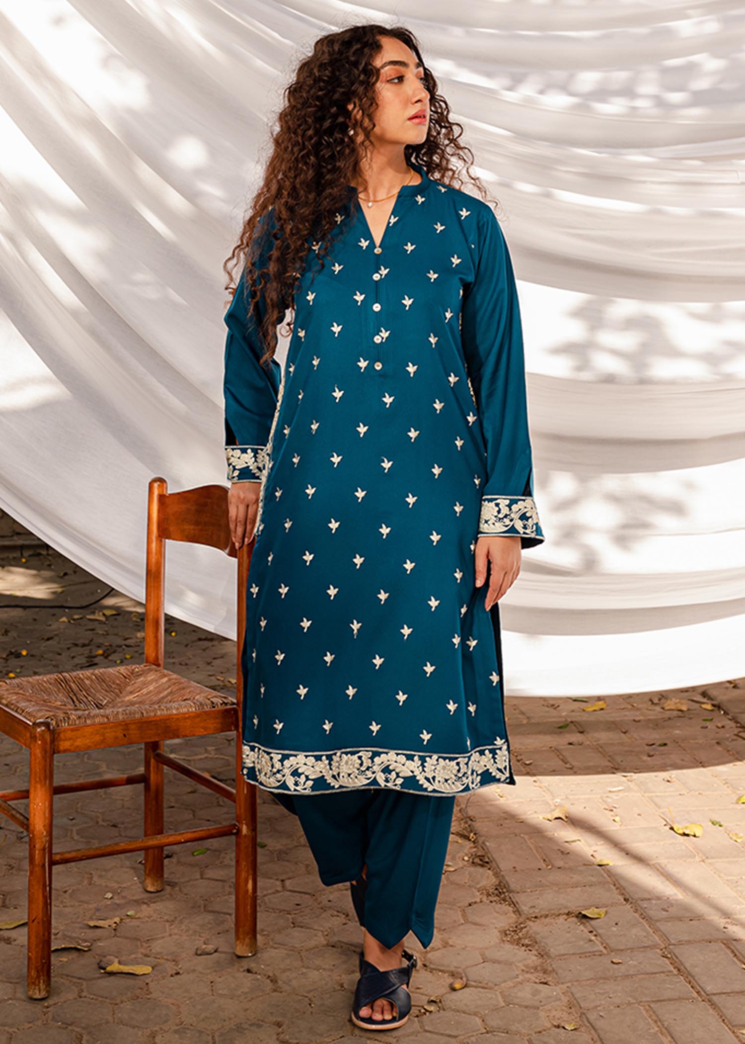 linen Kurta Set in Azure