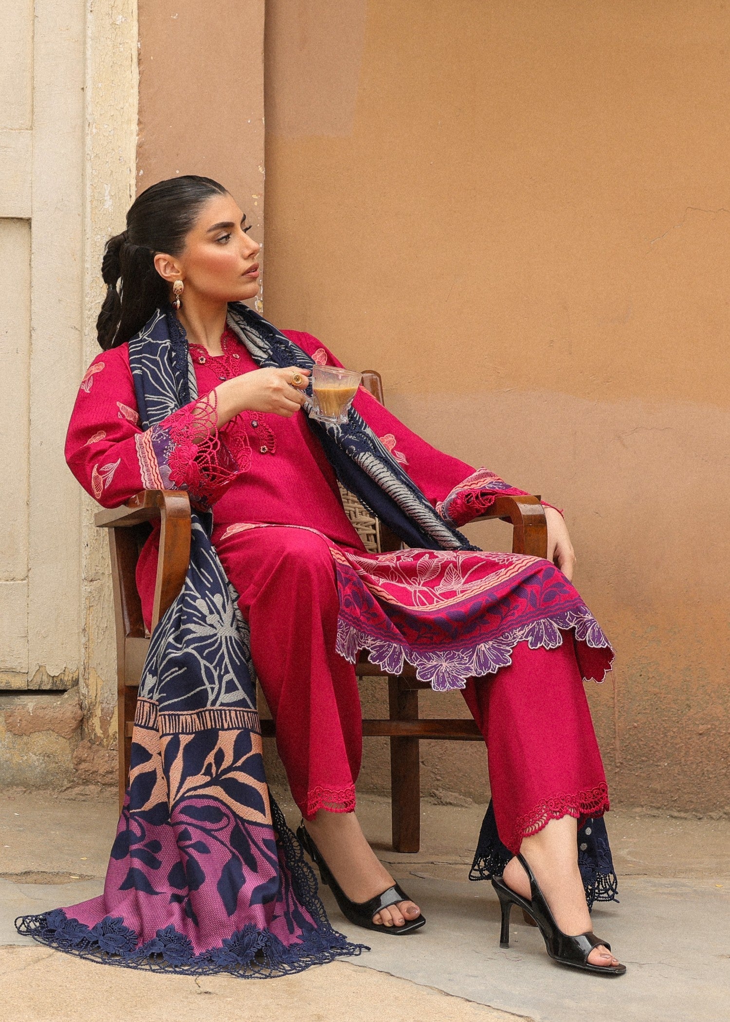 jacquard viscose Unstitched in Hot pink
