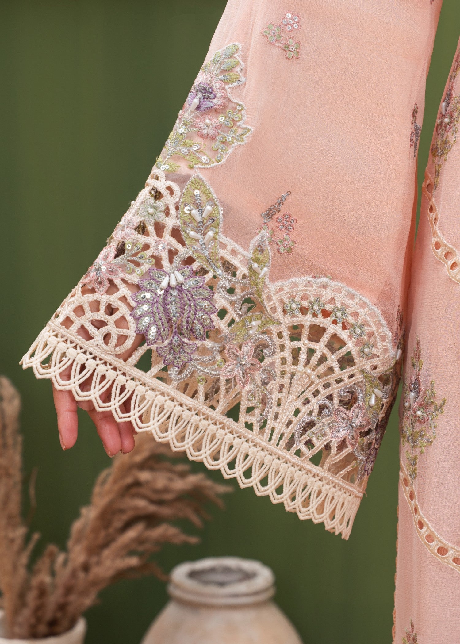 crinkle chiffon Kurta Set in Peach pink