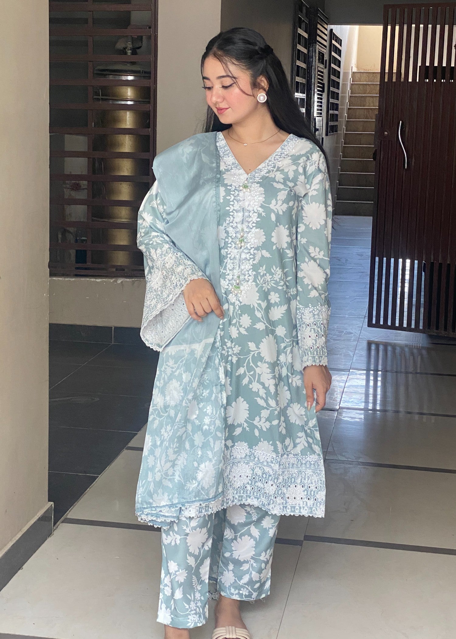 cotton silk Kurta Set in Slate grey