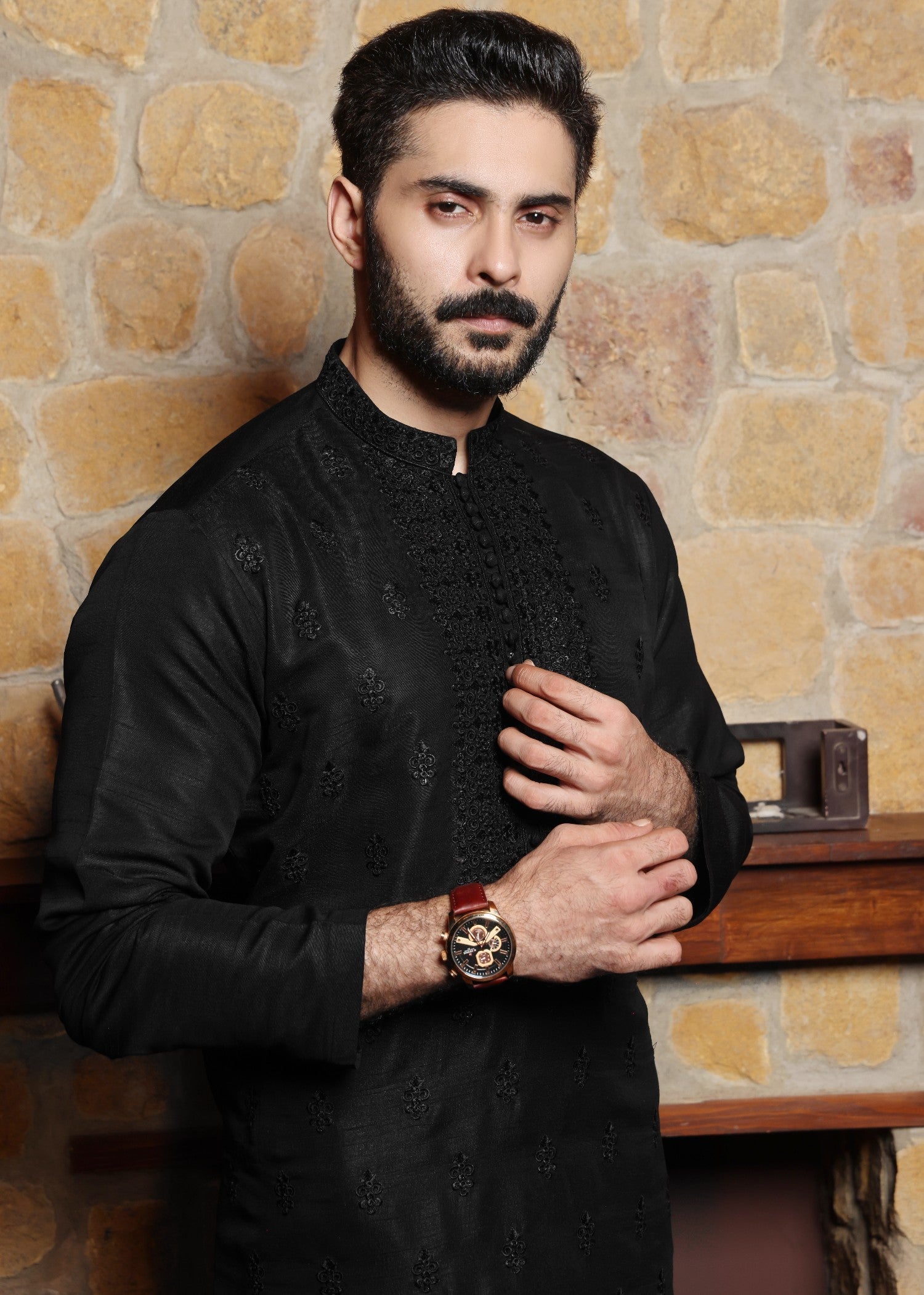 raw silk Kurta Set in Black