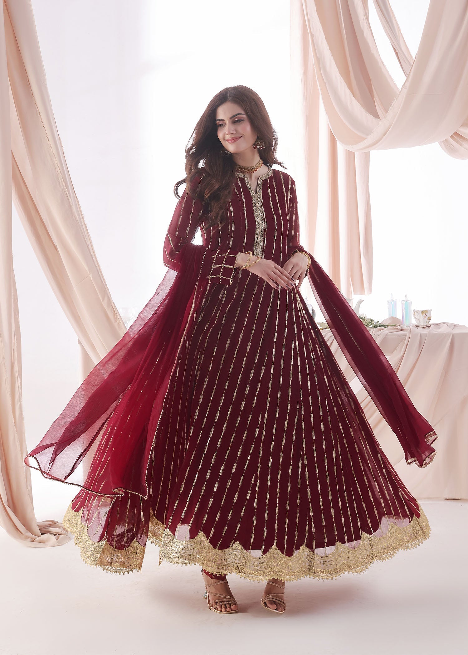 chiffon Anarkali in Maroon