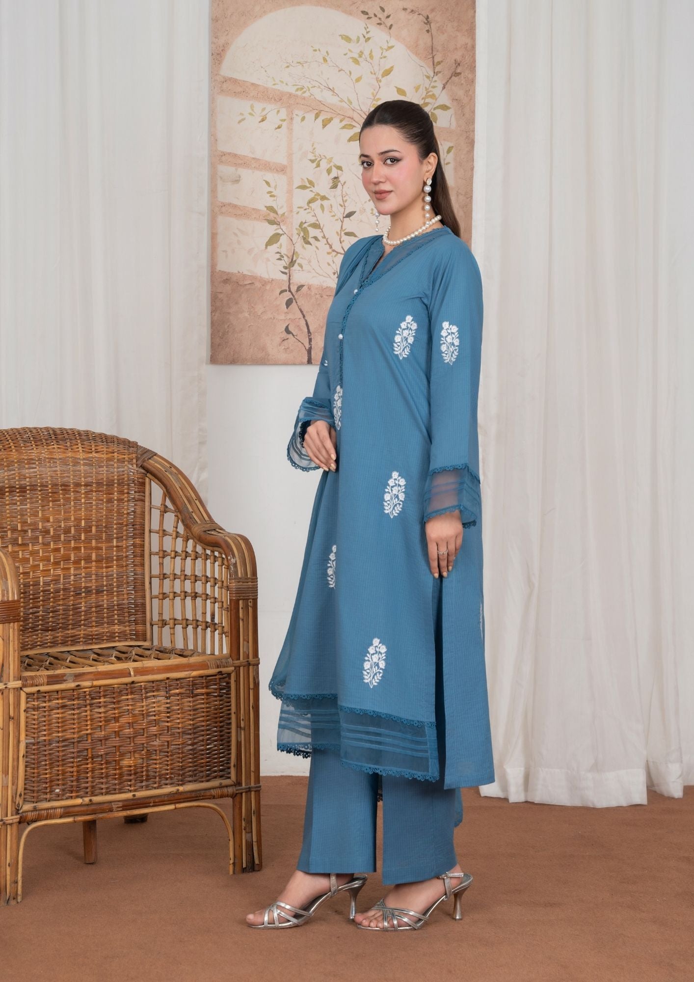 textured lawn Kurta Set in Pacific blue
