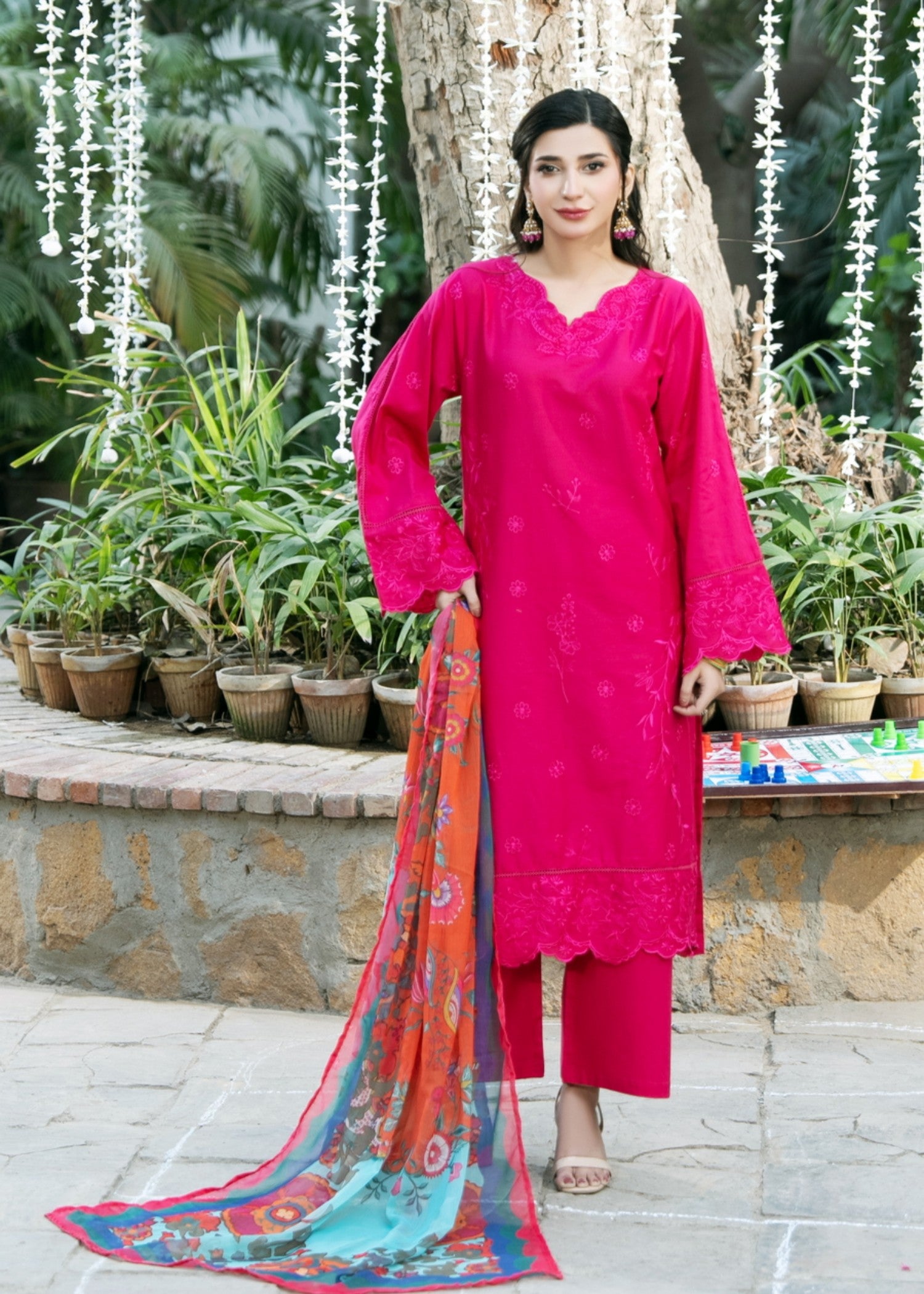 cotton Kurta Set in Shocking pink