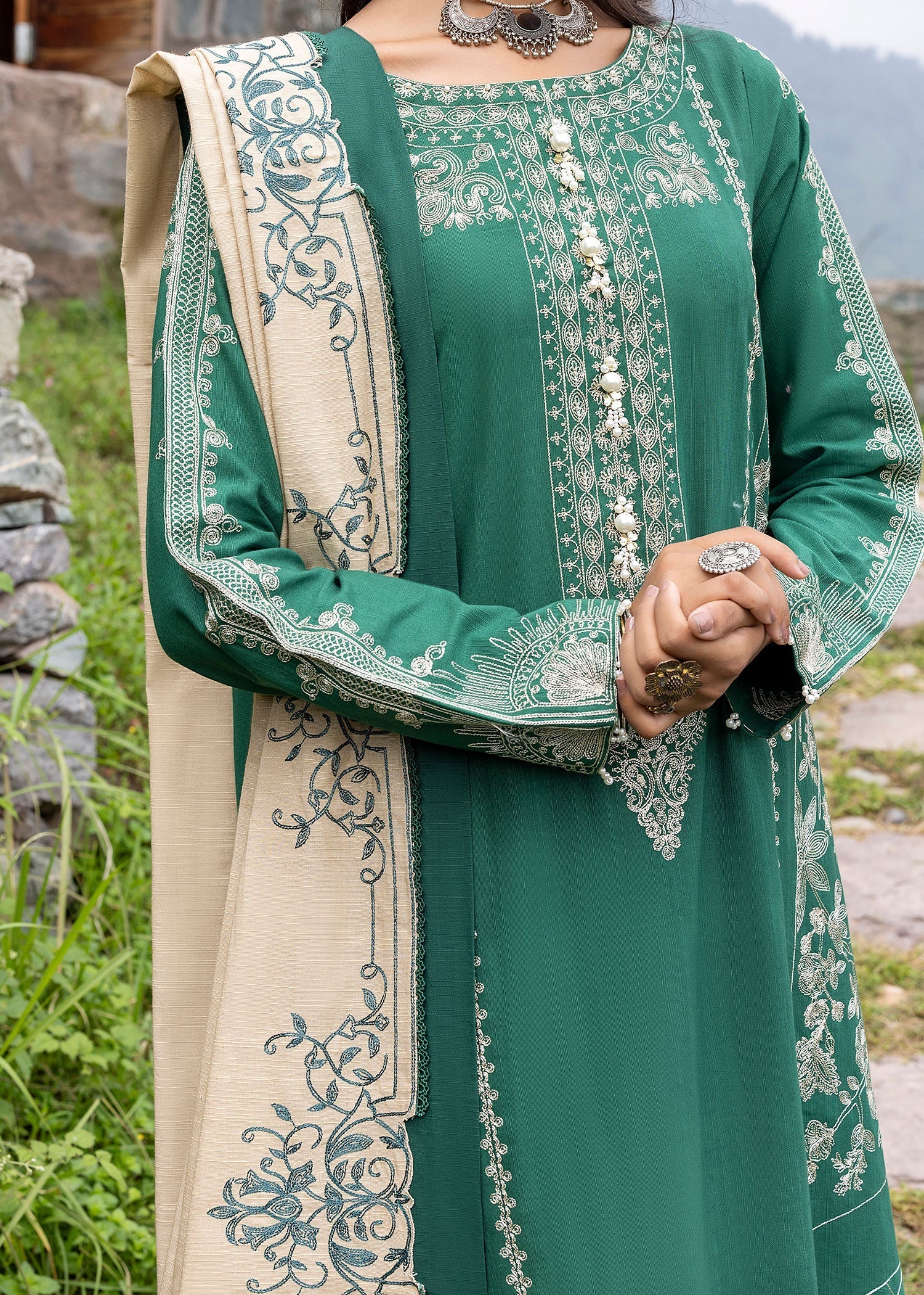 khaddar Kurta Set in Jungle green