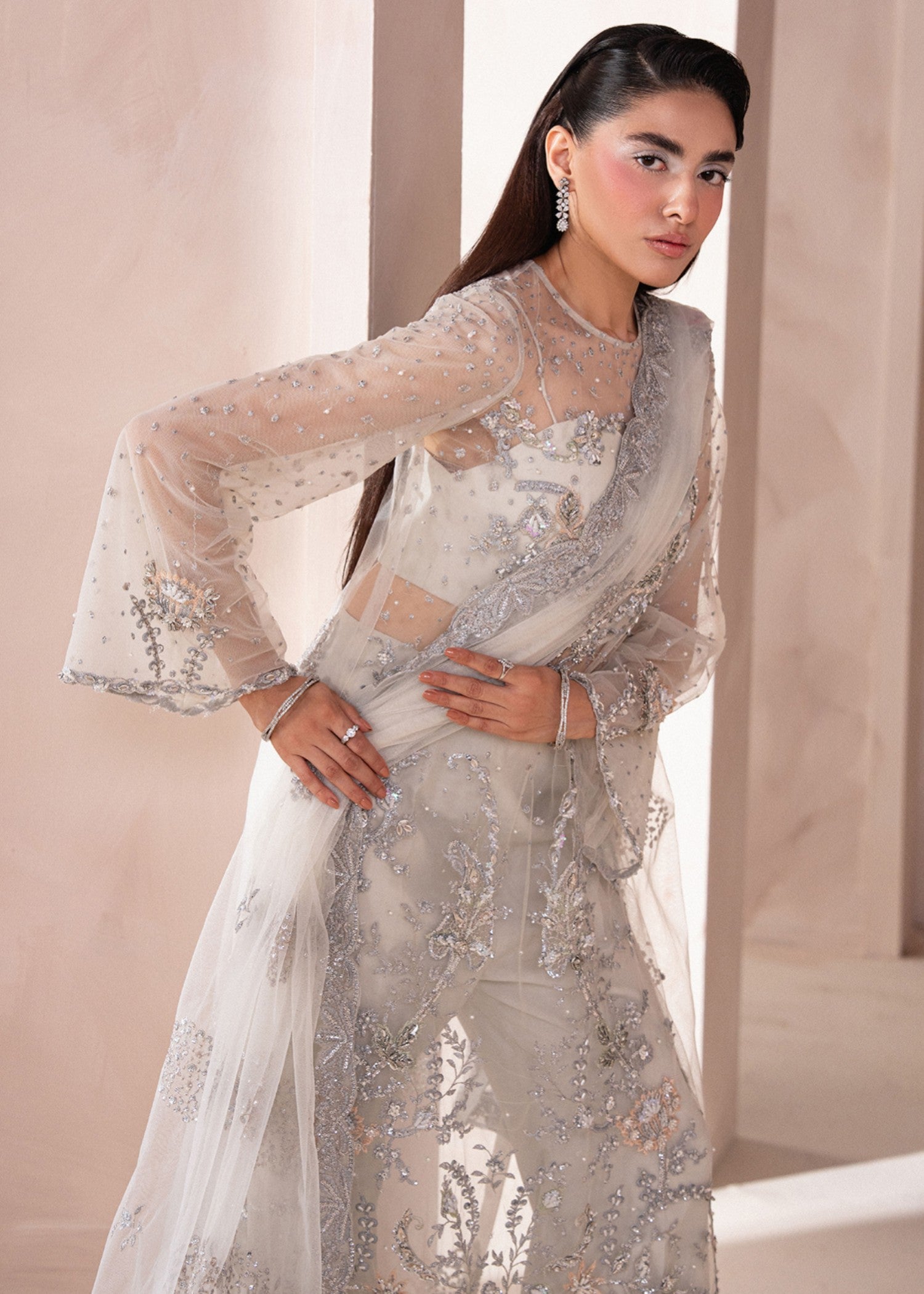 net Kurta Set in Ghost white