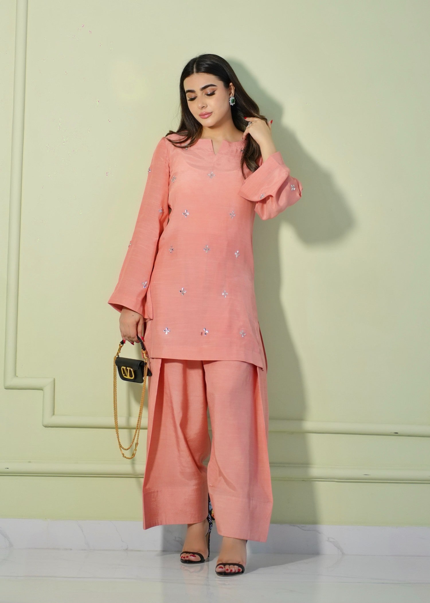 thai silk Kurta Set in Coral pink