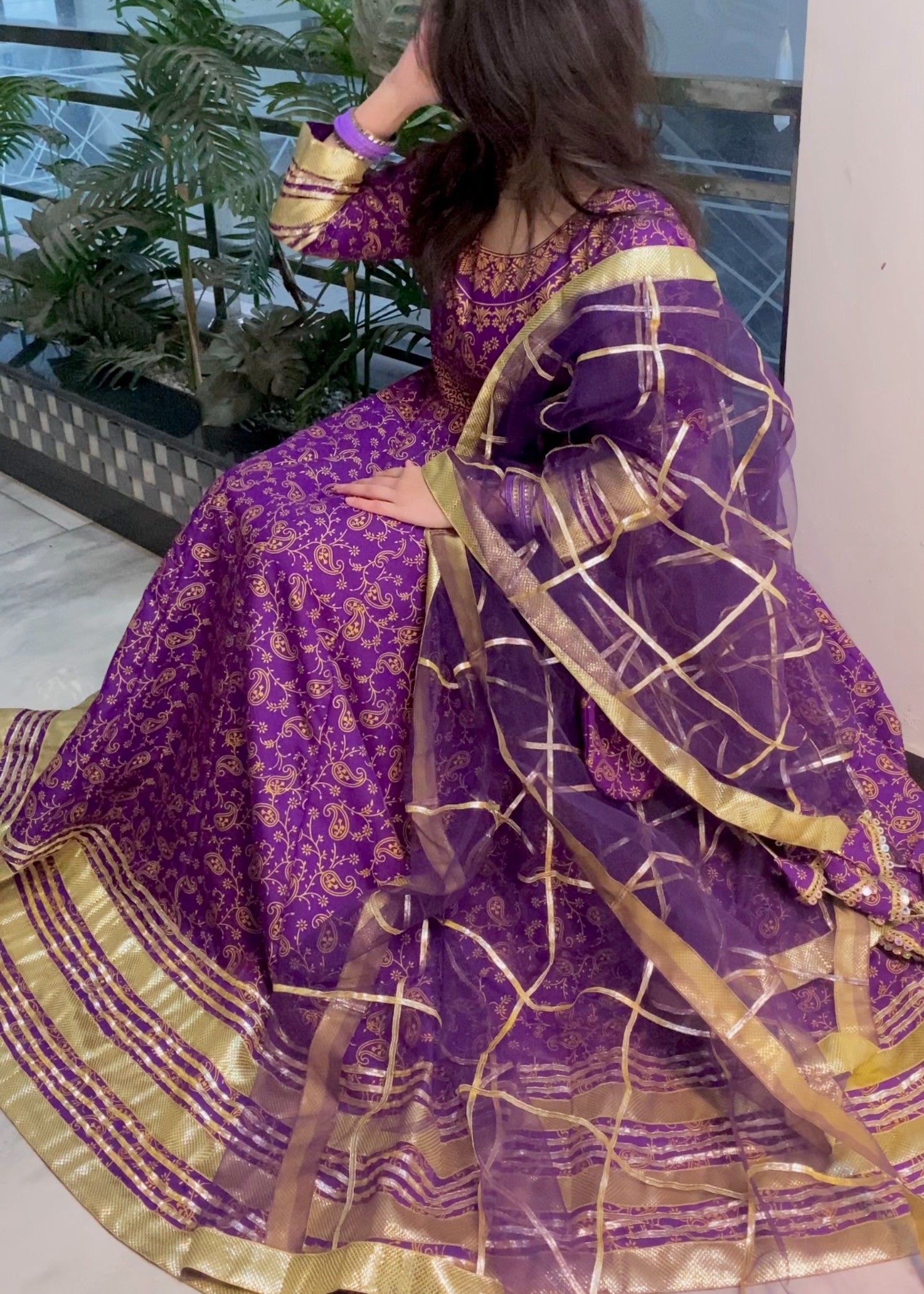 satin silk Anarkali in Royal purple