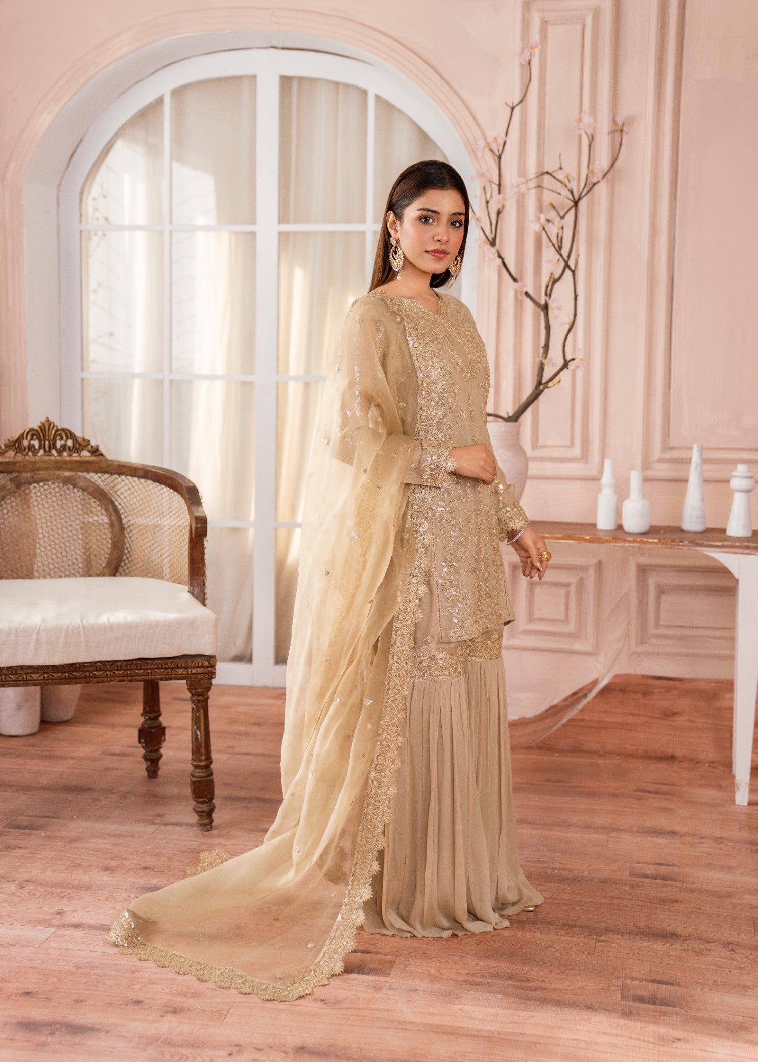 bemberg crinkle chiffon Gharara in Gold